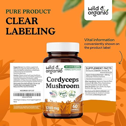 Miniatura 7 de Wild & Organic Cordyceps - Cápsulas de hongos - 60 unidades - Suplemento de apoyo inmunológico