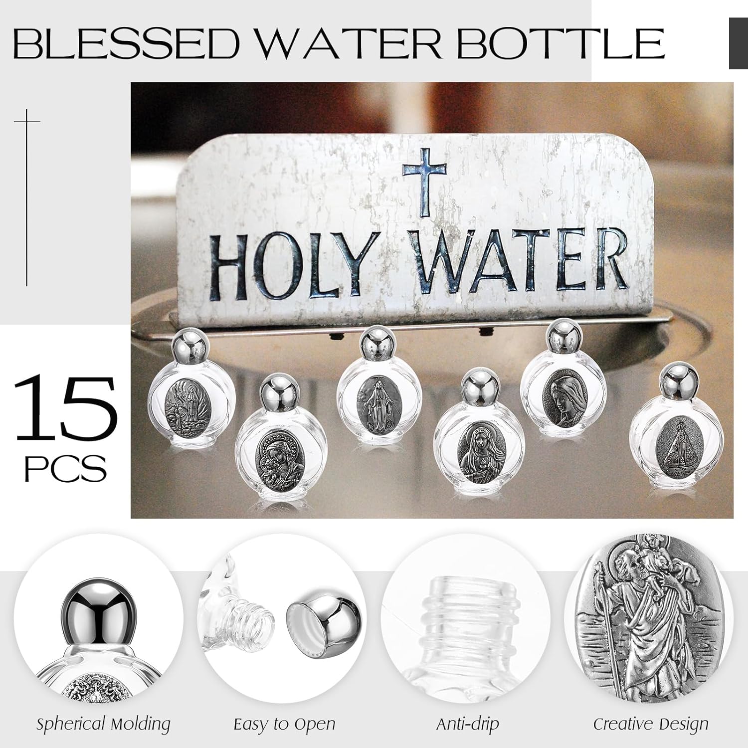 Domensi 15 Pcs Glass Holy Water Bottles 15 Style Catholic Holy Water Container 0.5 Floz Small Embossed Travel Empty Bottles Church Decor for Spiritual Event Gift Baptism Party Wedding(Silver)
