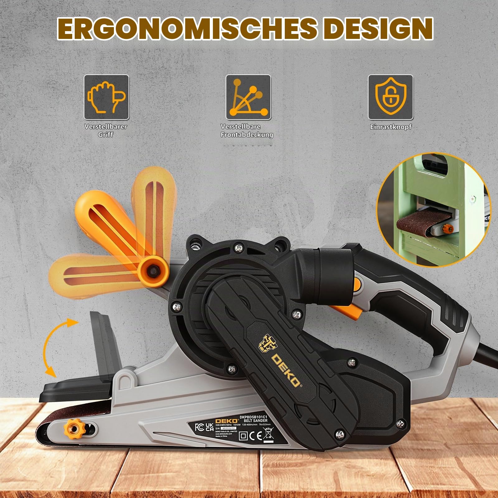 DEKOPRO 1010W Bandschleifer mit verstellbarer Geschwindigkeit 120-400m/min, Schleifmaschine für Holz mit verstellbarem Vordergriff Abdeckung, inkl. 10 Schleifbändern, Staubbeutel & 2 Metall-C-Klemmen
