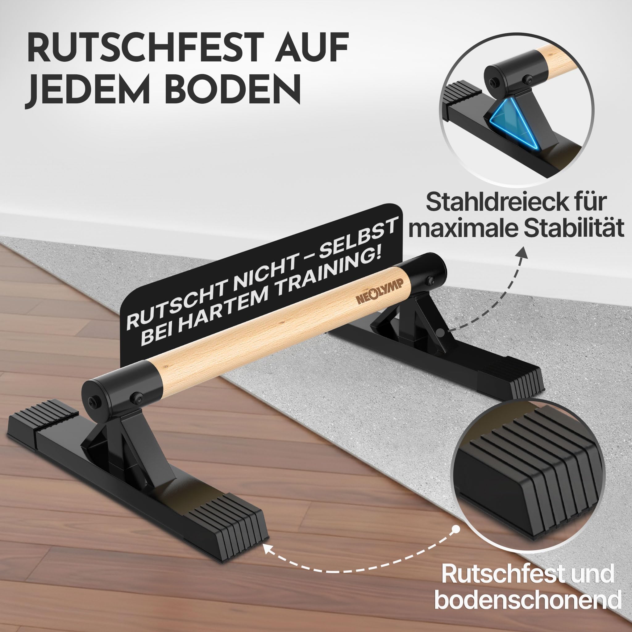 NEOLYMP 2er Set handgelenkschonende Holz Liegestützgriffe mit Calisthenics-Übungen - handgefertigten Parallettes, Push up Bar, Handstand Griffe, Dip Barren, Calisthenics-Equipment