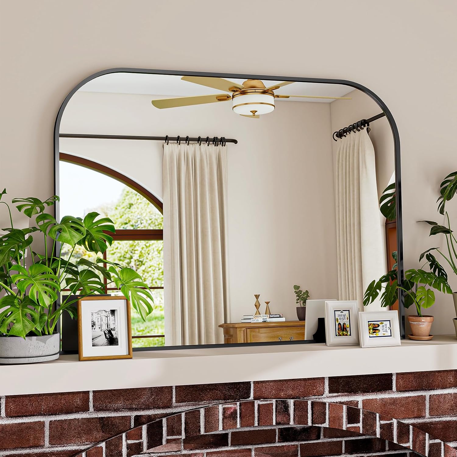 VETROVUE Black Wall Mounted Bathroom Mirror - 38 x 30 Inch Round Cruved Top Right Angle Bottom Wide Wall Mirror, Aluminum Metal Framed, Decor for Living Room, Bedroom, Fireplace, Mantle, Entryway