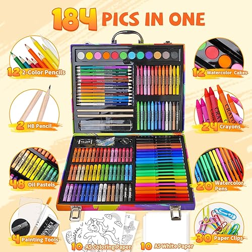 Miniatura 2 de Cokiki Suministros de arte, juego de arte de dibujo de 184 piezas, estuche de arte de regalo con lápices de colores, crayones, pasteles al óleo,