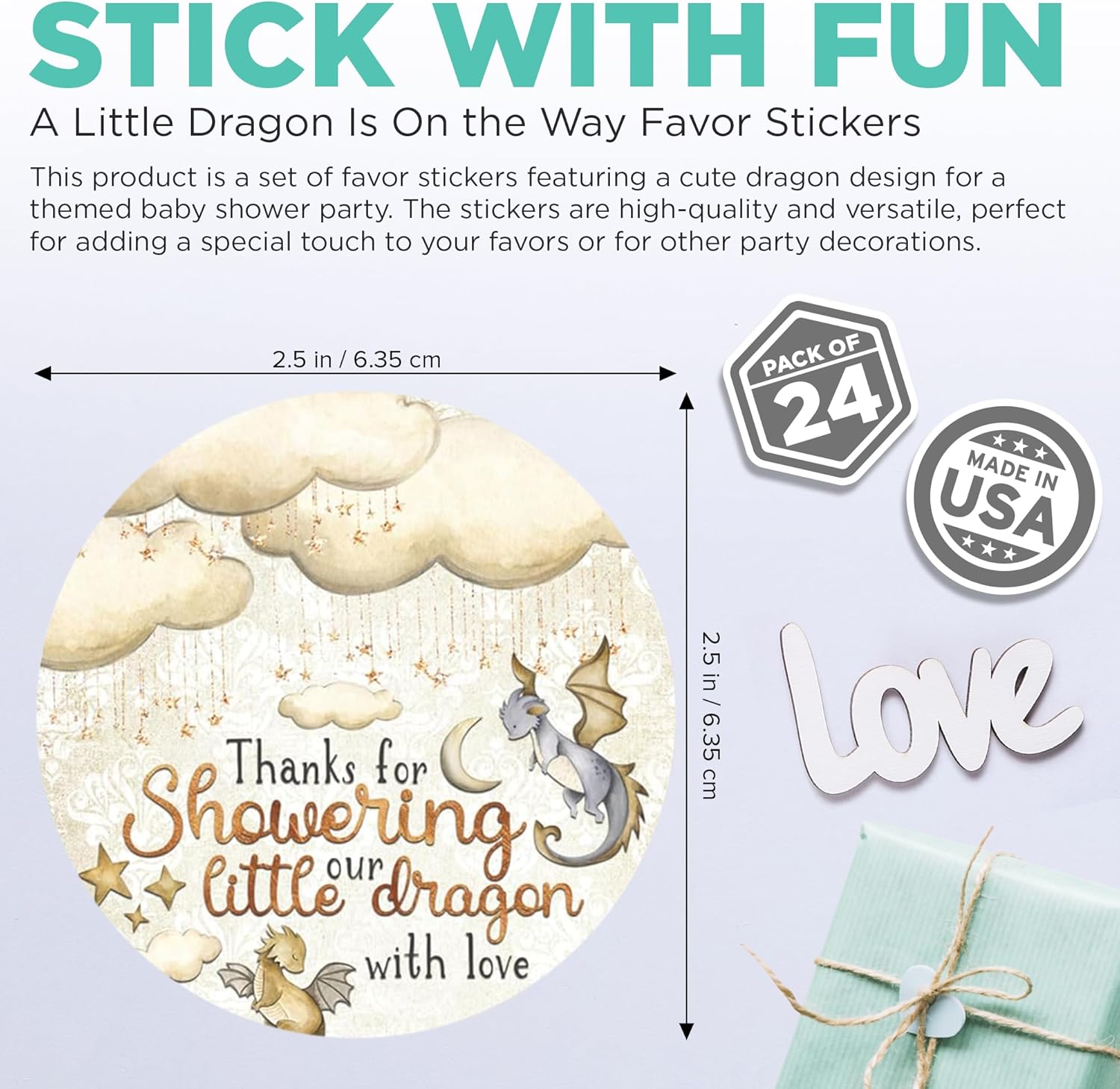 Silly Goose Gifts Thanks for Showering Our Little Dragon with Love Themed Baby Shower Party Favor Sticker (Set Includes 24) Thank You 2.5 in Circle Labels