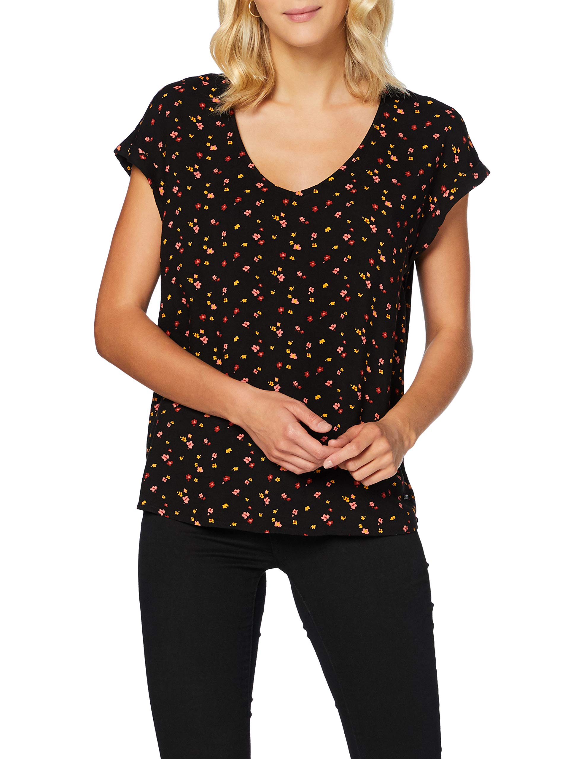 Tom Tailor Denim Ladies Patterned Short Sleeve Tunic Blouse 1020980, 24230 - Black Red Flower Print, Medium