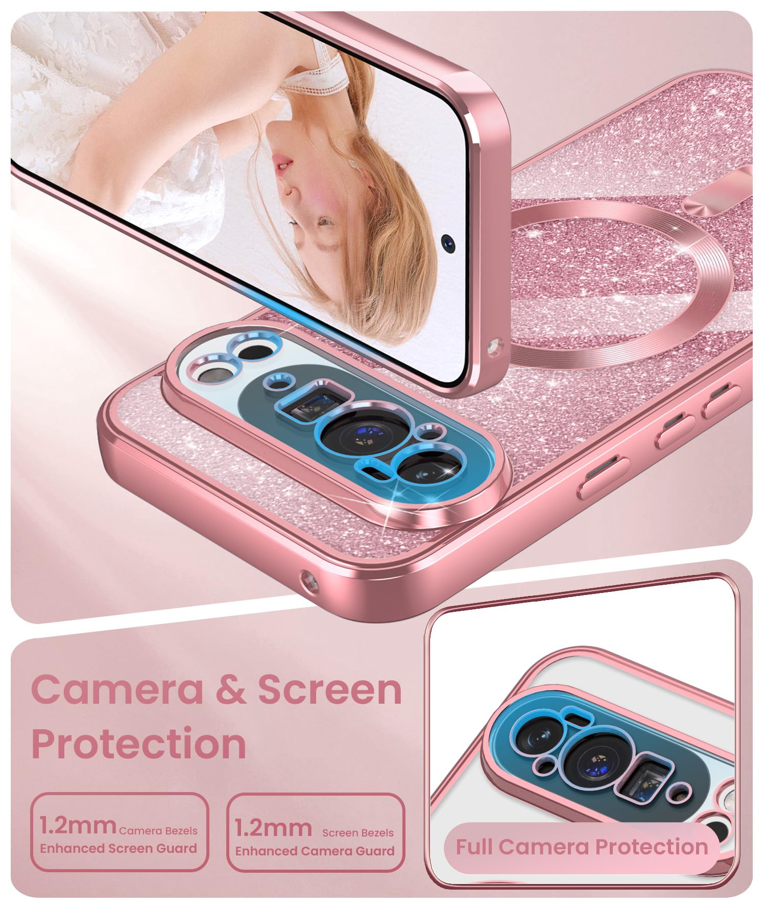 Magnetic for Google Pixel 10 Pro XL Case + 2X Screen Protectors,Luxury Plated Gold Edge [Glitter Card&Wrist Strap] Slim Soft Crystal Clear TPU Shockproof Case Cover for Pixel 10 Pro XL-Pink