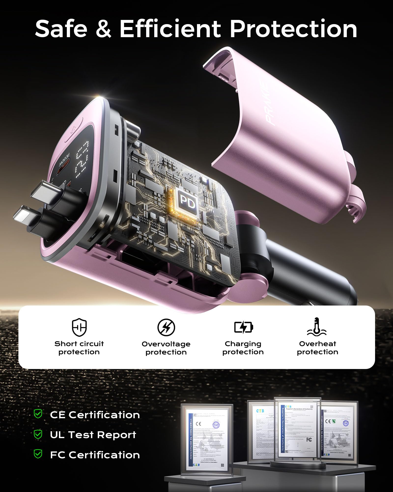 Caricabatteria da auto per iPhone con 2 cavi USB C retrattili - Rosa