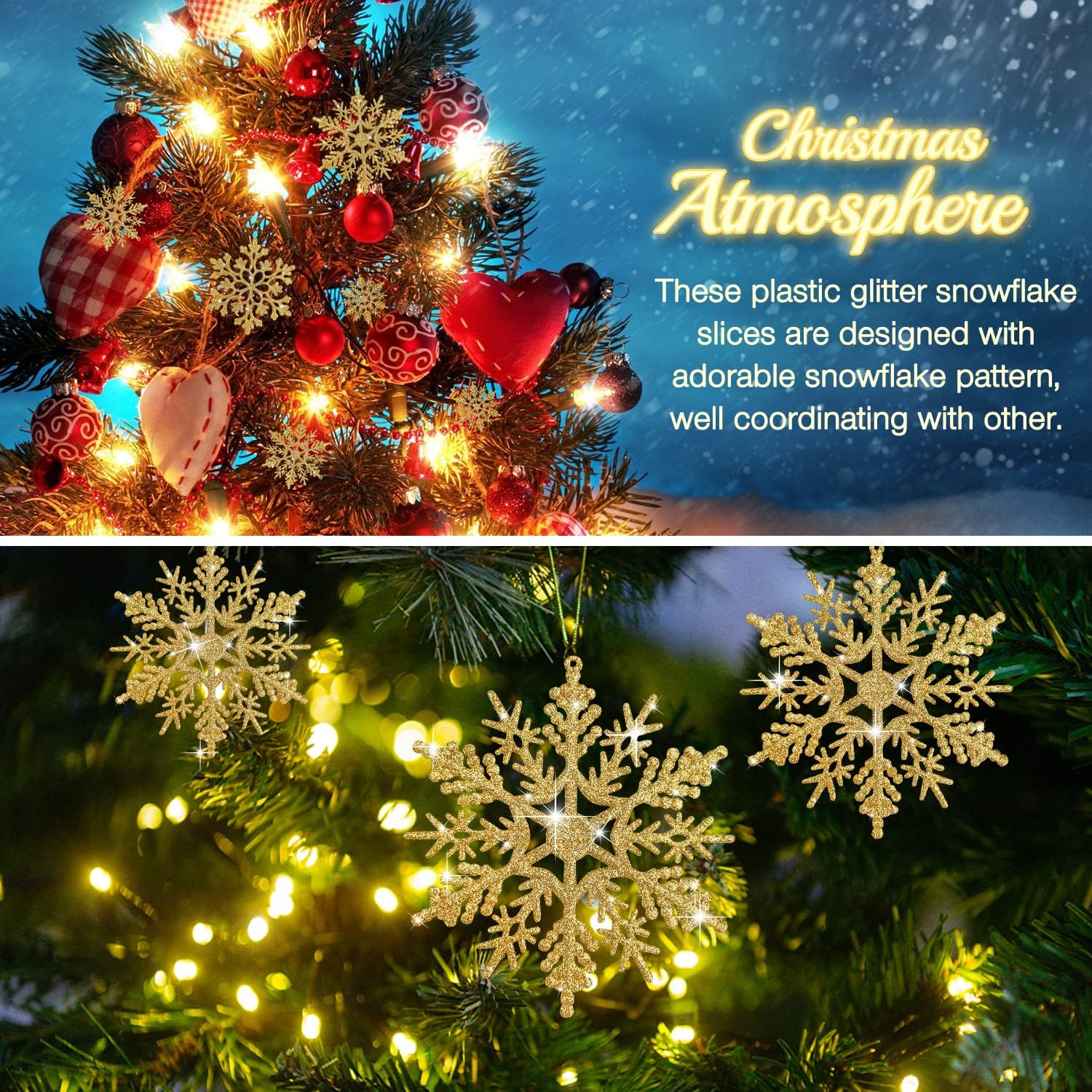 46 Pcs Gold Glitter Snowflake Ornaments Various Size Plastic Winter Snowflakes Ornaments Christmas Tree Decorations with Gold Rope for Winter Wonderland Christmas Tree Window Door Accessories