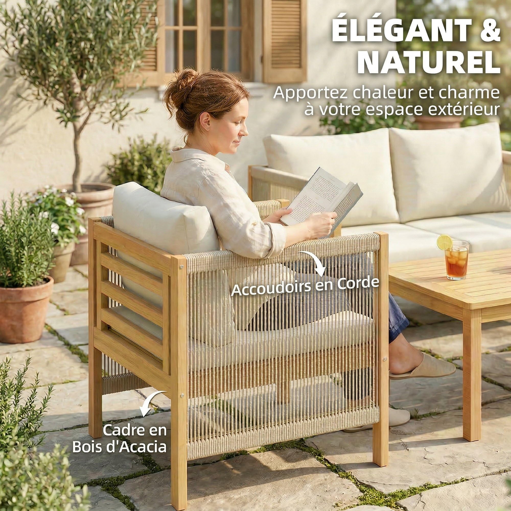 Outsunny Salon de Jardin 4 Pièces en Bois d'Acacia - Ensemble de Mobilier avec Coussins Déhoussables et Corde Tressée - Canapé 2 Places, 2 Fauteuils et Table Basse, Style Bohème Chic, Naturel