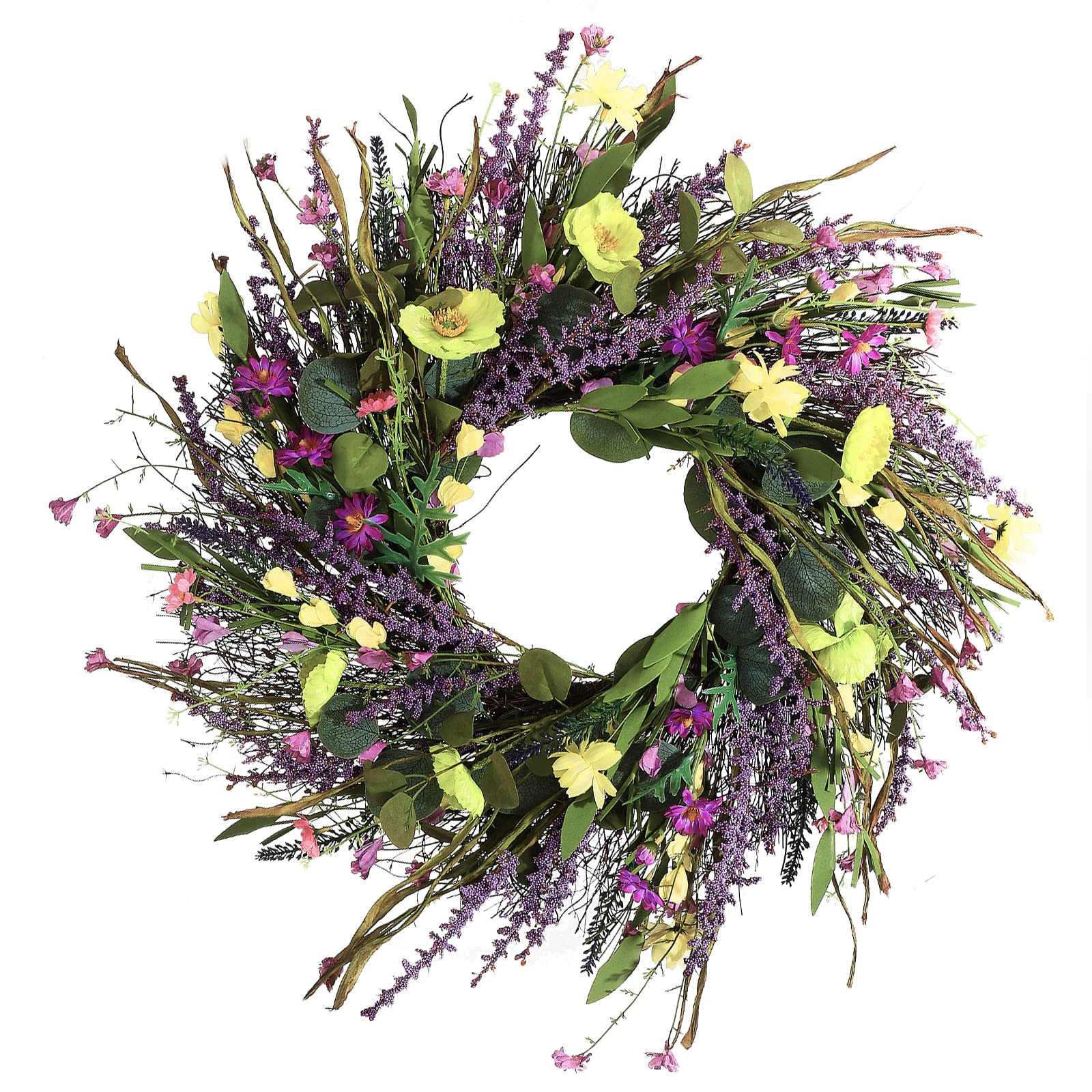 Ghirlanda di lavanda artificiale for porta d'ingresso Ghirlanda di ramoscelli di fiori di lavanda viola da 24 pollici con foglie di eucalipto Corone di ghirlande primaverili estive for la parete di no