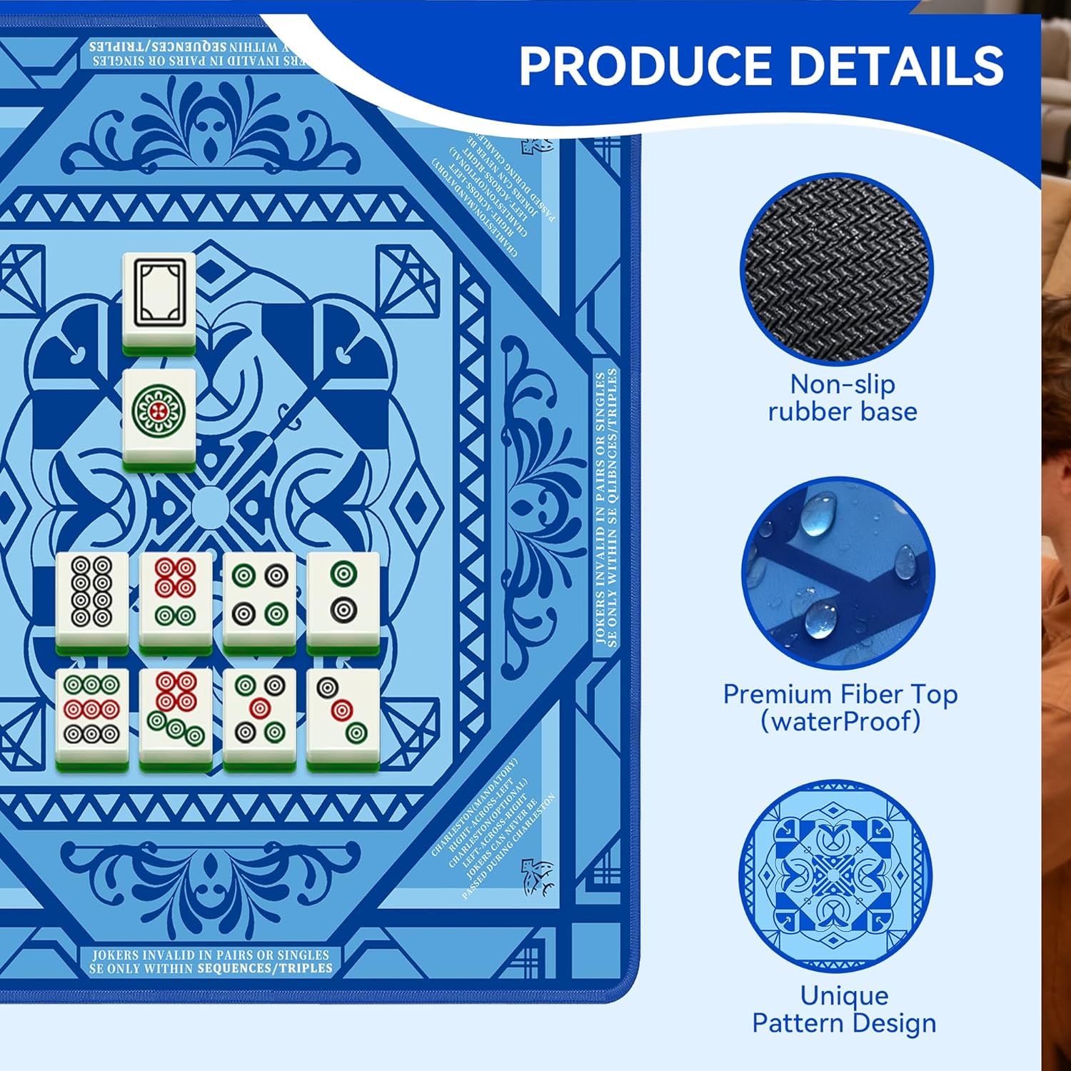 Mahjong Table Mat with Rules 31.5" x 31.5" Neoprene Rubber Square Blue Gaming Mat - Anti-Slip, Noise Reduction Durable & Easy to Clean for Mahjong Tiles, Poker, Dominoes & Board/Tile Games (Blue)