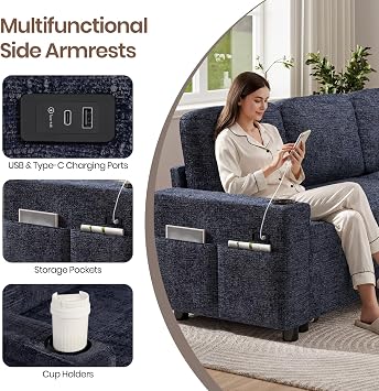 Corner Sofa Bed, L Shaped Pull Out Sleeper Sectional Couch Bed with USB & Type-C Ports, 3 in 1 Convertible Sofa Bed with Storage Chaise and 2 Cup Holders, 3 Seater Sofa Couch for Living Room, Blue