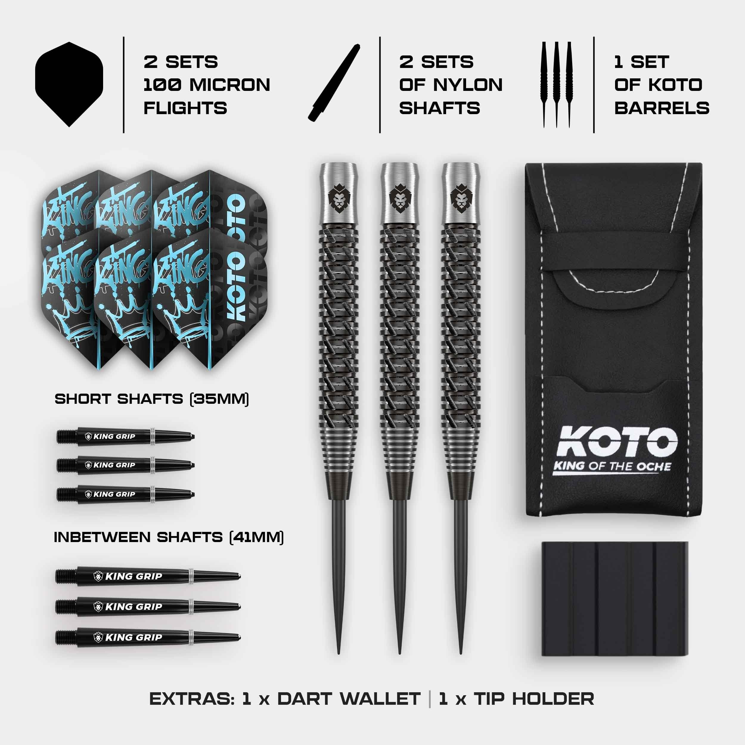 KOTO - Excalibur 90% Darts 21 G, Negro y Plata, Set de Dardos Incluye 3 Barriles, Flights + Shafts y Estuche para Dardos