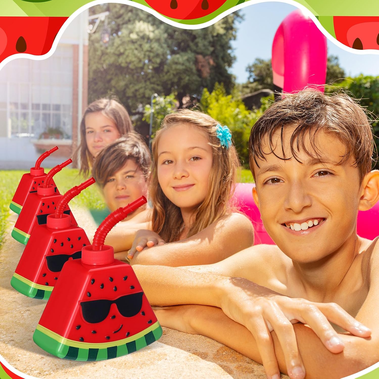 Dandat 24 Pcs Watermelon Birthday Decoration Party Favors 13oz Plastic Watermelon Shape Cups with Straws and Lids Fruit Party Sippy Cups for Christmas Stocking Stuffers