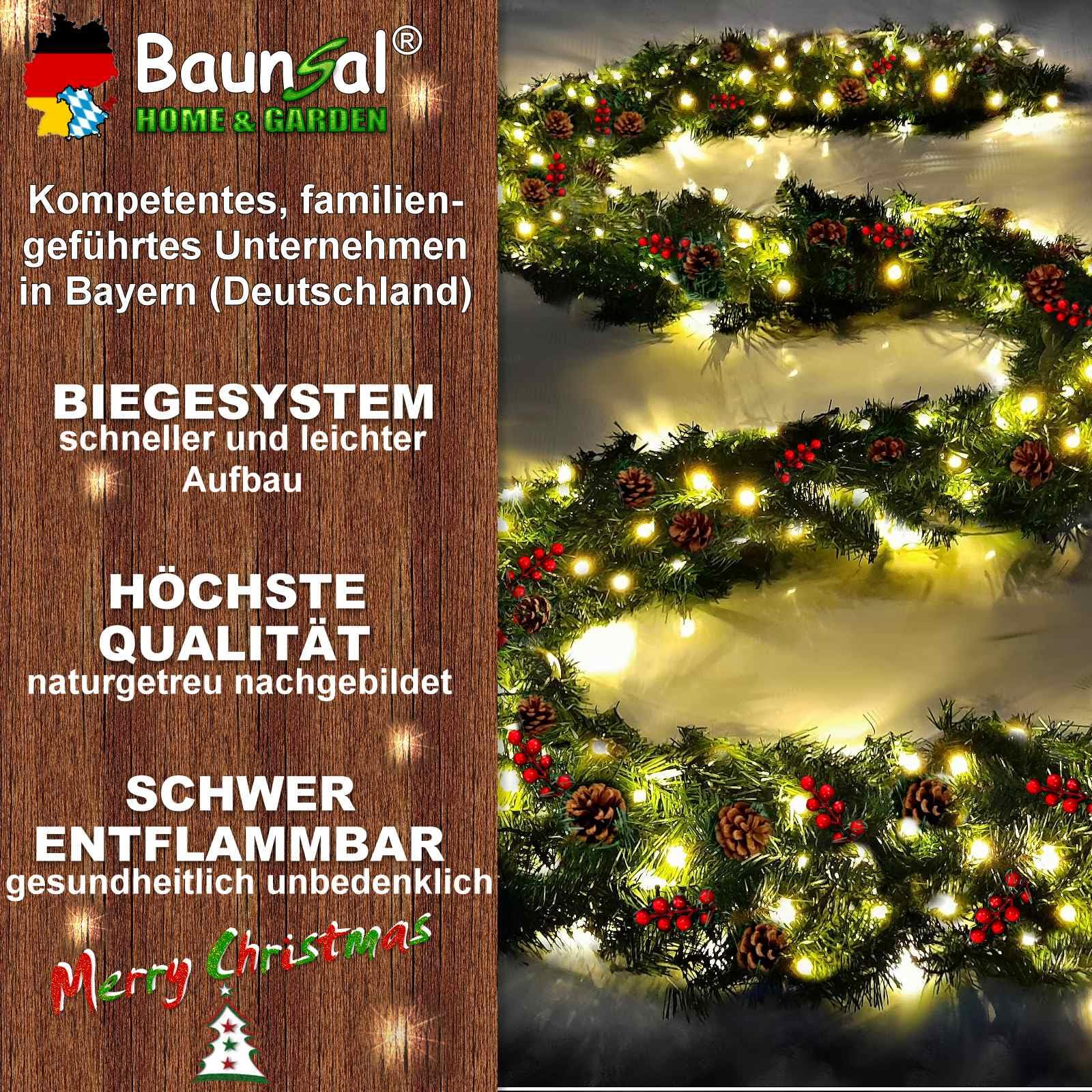 Weihnachtsgirlande Tannengirlande Girlande grün 10 m mit Kieferzapfen + rote Beeren und Led Lichterkette mit Batteriebox und Fernbedienung Girlande Weihnachten Weihnachtsdeko Tannengirlanden
