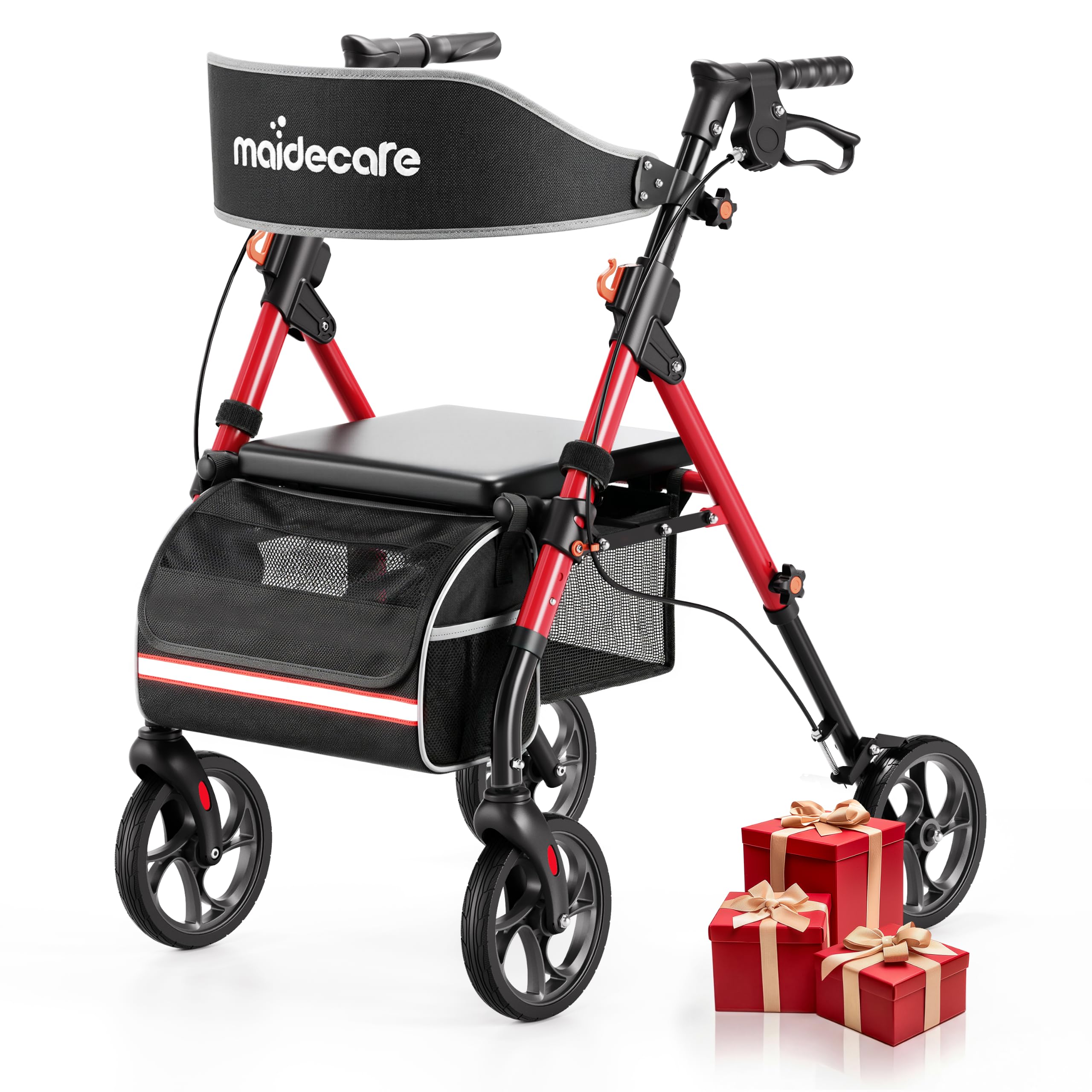 Rollator Faltbar und Leicht mit Sitz, Rollatoren für Senioren Klappbar, Schmal für Wohnung, Outdoor Walker, 20cm Reifen für All Gelände, 6-fach höhenverstellbar Griff, Aluminium, Rot