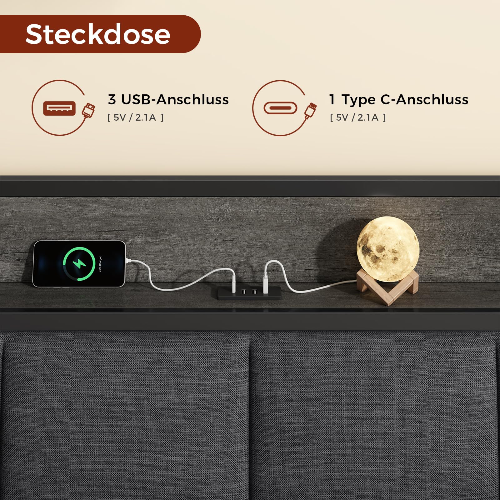 KIMENICH Bett 140 x 200, Bett mit LED-Beleuchtung, Polsterbett 140x200, Schwebender visueller Effekt, Ladestation, Bettgestell mit Lattenrost, für Schlafzimmer, Gästezimmer, Leinenstoff Grau