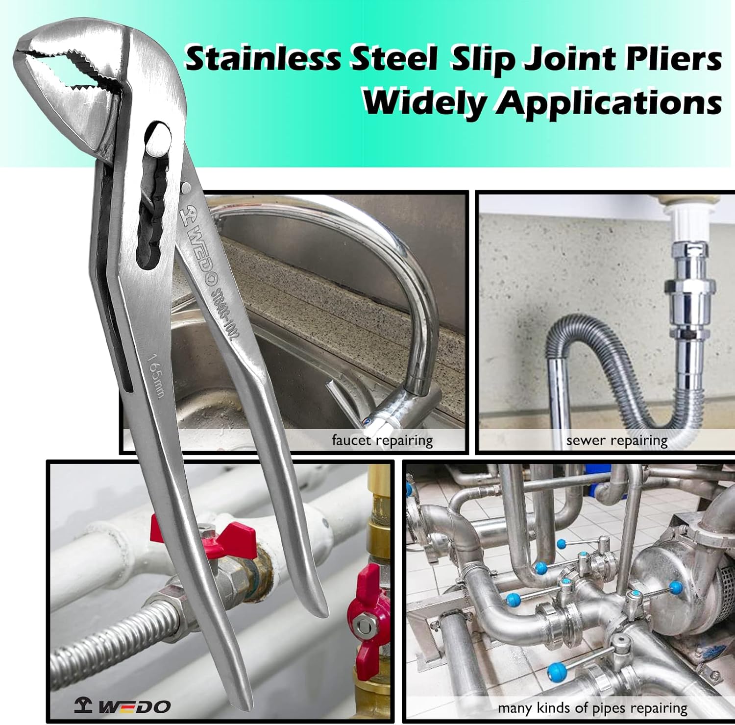 WEDO Slip Joint Pliers,10-inch Tongue and Groove Pliers,Stainless Steel V-Jaw Groove Joint Pliers,Length 250mm(10"),Quick Release Water Pump Pliers,Corrosion Resistant