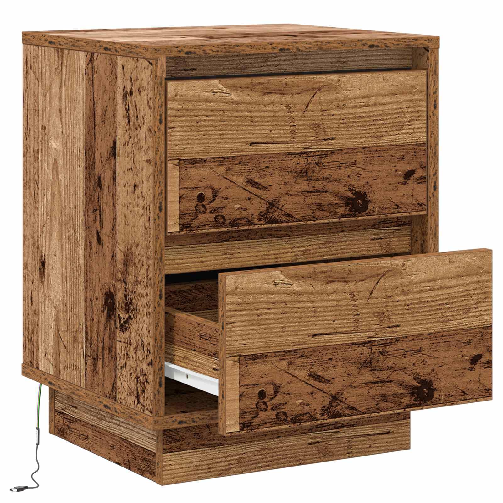 Mesita de noche con aspecto de madera envejecida, 39 x 34,5 x 50 cm, material de madera, con 2 cajones, conexión USB, iluminación LED, mesa auxiliar moderna para dormitorio, salón