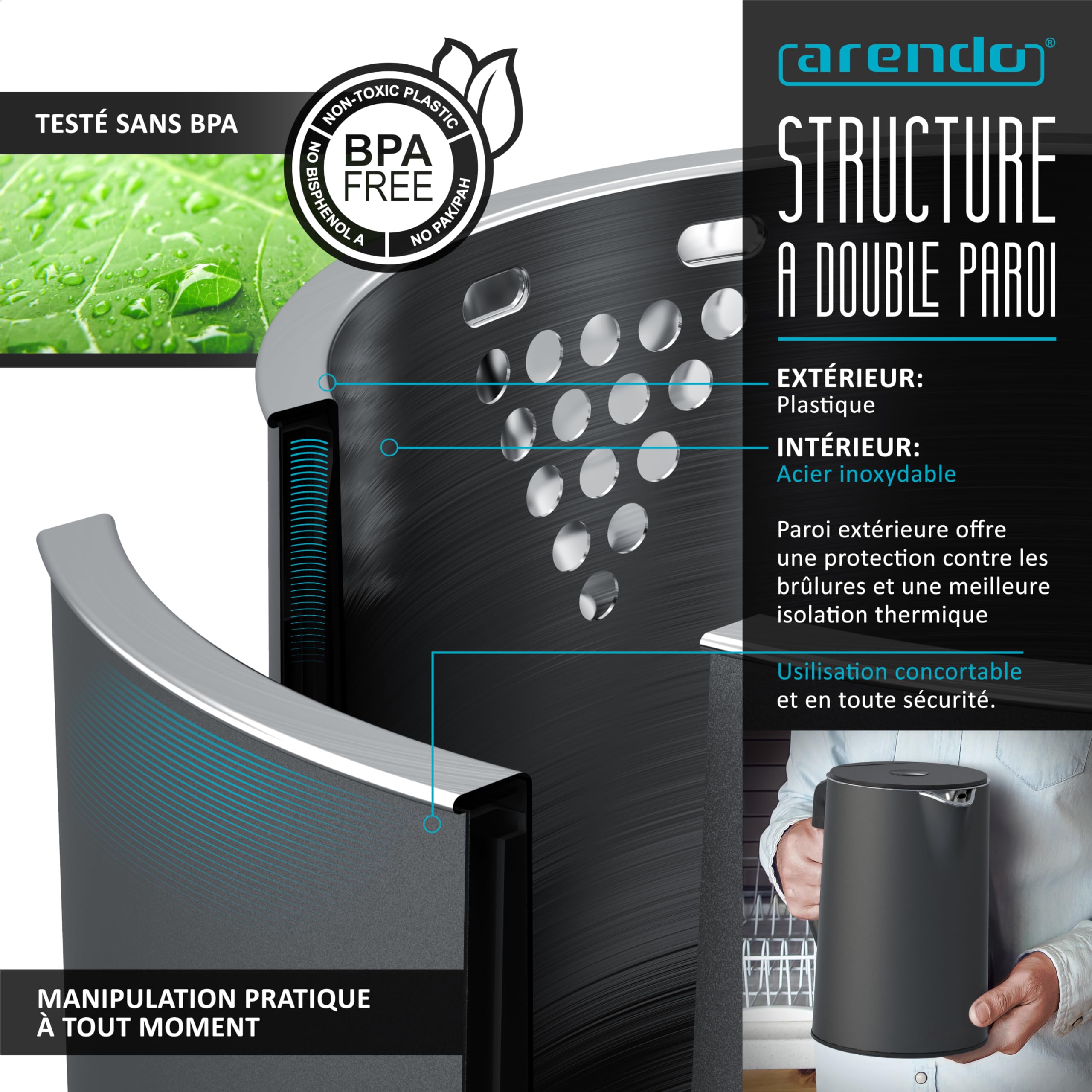 Arendo Set Ensembles Bouilloire et grille-pain et cuiseur à oeufs Bouilloire en inox 1,5L 40°-100°C Grille-pain 2 Tranches Ecran LED 6 niveaux de brunissage Cuiseur à oeufs 1-8 oeufs, Verre doseur