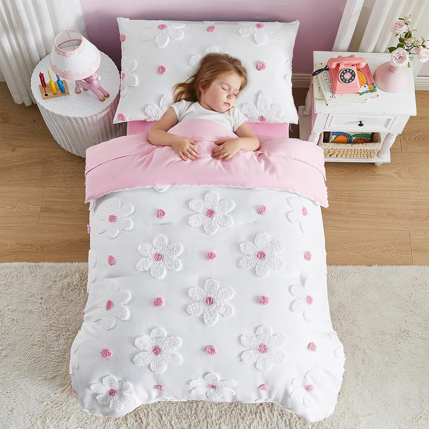 Toddler Bedding Set for Girls 4-Piece Pink Boho Tufted Daisy Flowers Toddler Comforter Sheets Set Bed-in-a-Bag Toddler Bedroom Set with Comforter, Flat Sheet, Fitted Sheet, Pillowcase | Toddler Bedding Set, Tufted Daisy Design, Toddler Comforter, Toddler Bed Sheets, Crib Bedding Set, Boho Toddler Bed Set