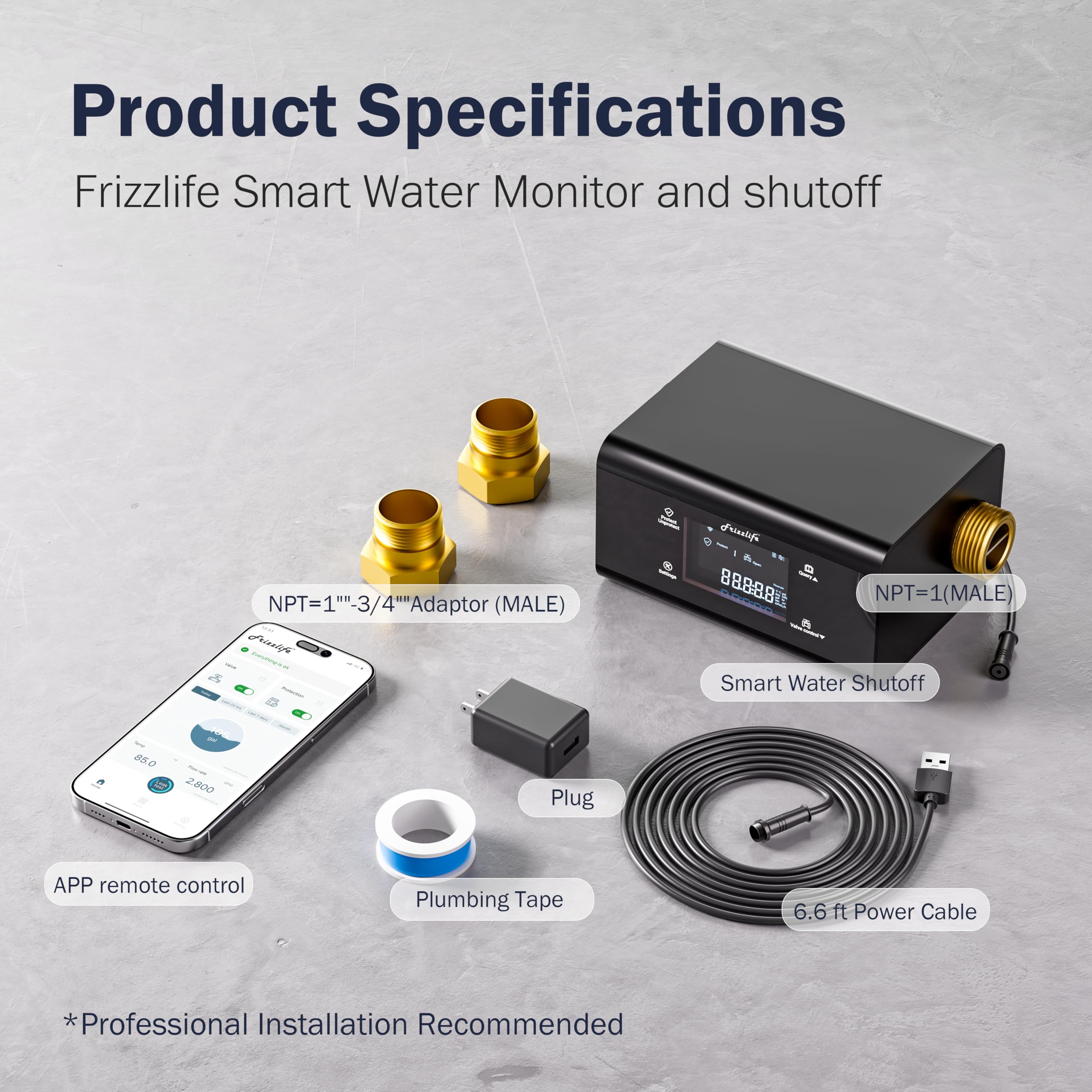 Frizzlife Monitor de agua LP365 con válvula de cierre automático | Detección ultrasónica de microfugas (0,01 GPM) | Aplicación WiFi | Alarmas de flujo y temperatura en tiempo real | Datos de consumo