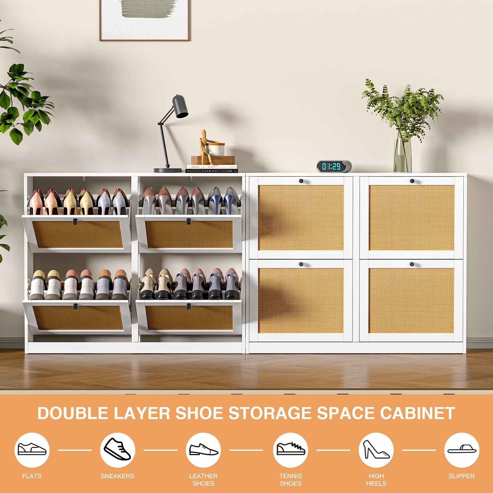 Mueble Zapatero de ratán con 4 Solapas Abatibles y Estantes Ajustables para 16-24 Pares de Zapatos para Pasillo Entrada 120x24x81 cm, Blanco