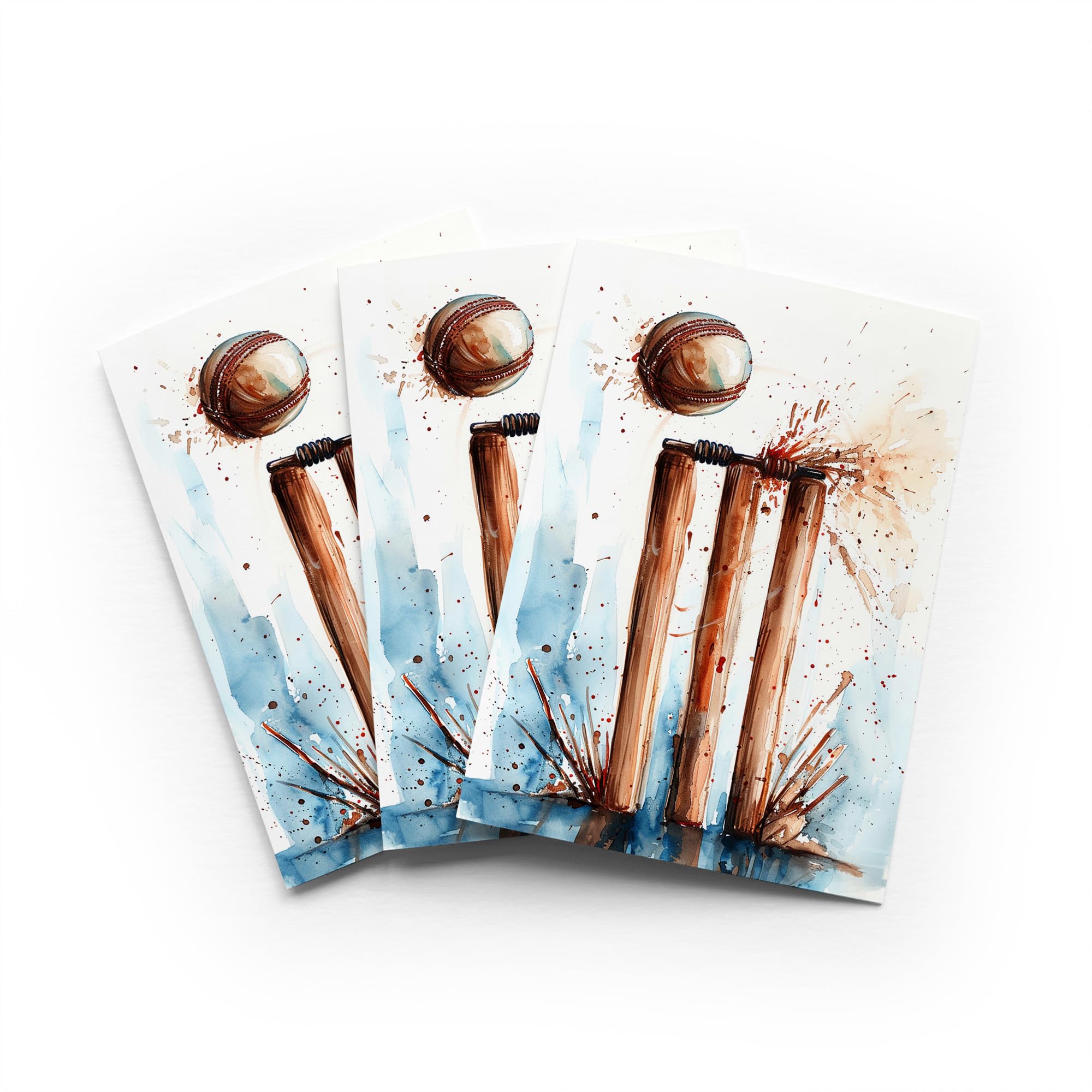 Cricket Ball Wicket Greeting Card Sporting Watercolour Any Occasion Set of 3 Blank Inside 5x7 Inch 13x18 cm
