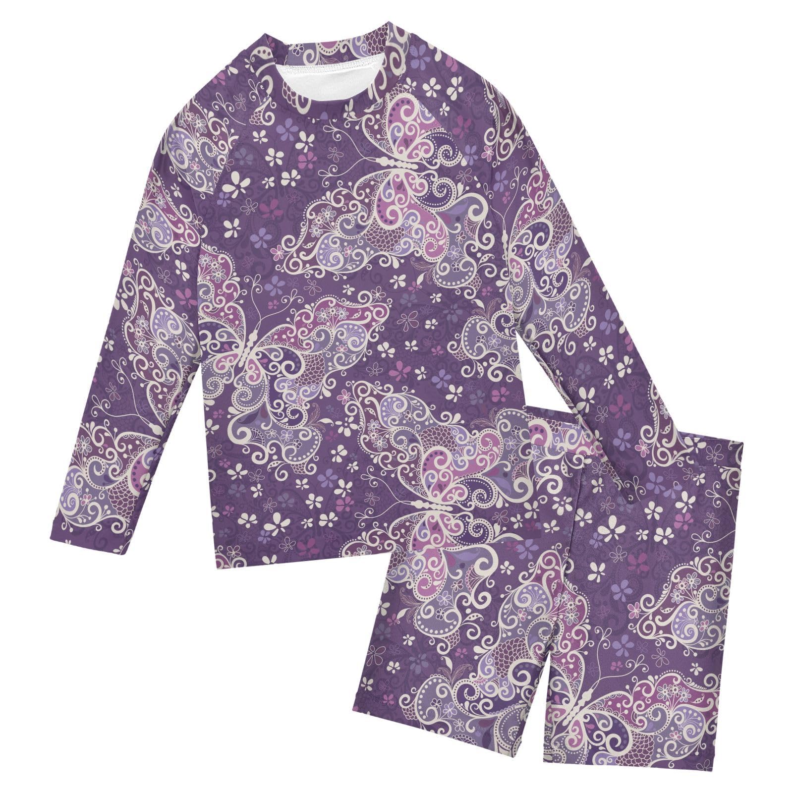 Aflyko Kids' Bathing Suit Set Motley Flower Butterfly Purples Long Sleeve Swim Tops with Shorts Summer Vacation Pool Party Rashguard Fun Cute Toddler Infant Beachwear, 4T