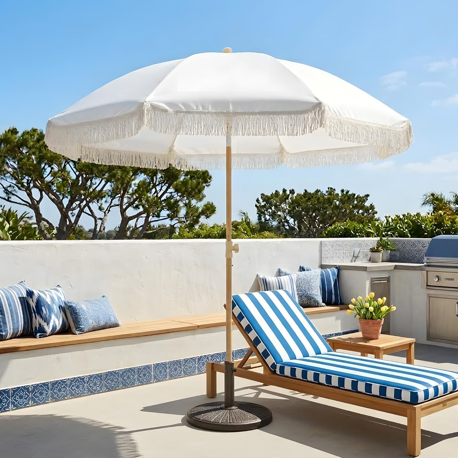 7FT Boho Patio Umberlla with Fringe,UPF50+ Outdoor Umbrella with Fiberglass Ribs and Push Button Tilt,Tassels Umbrella for Beach,Terrace,Picnic
