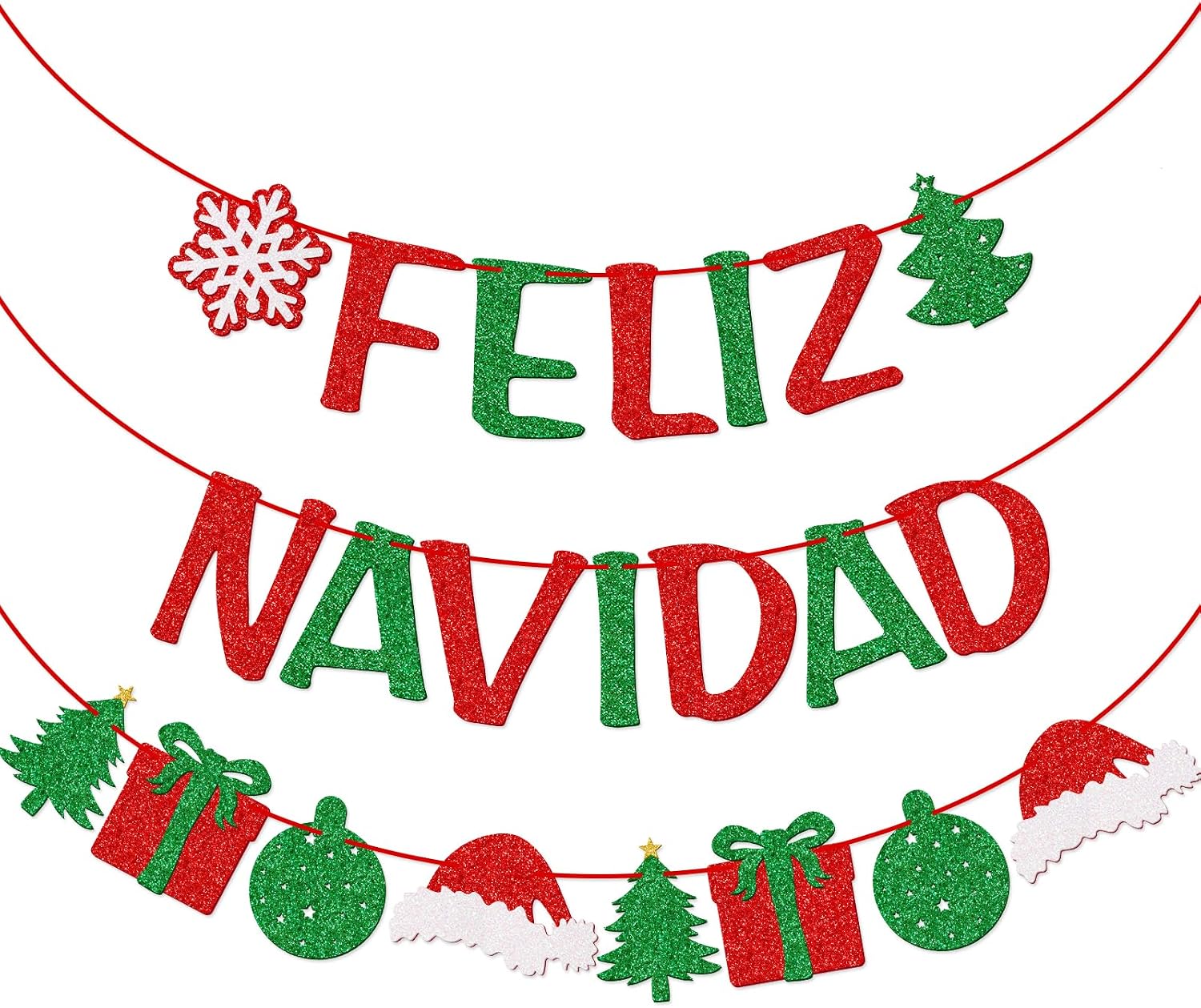 Qttier Feliz Navidad Banner with Christmas Sign Garland, Pre-Strung Spanish Merry Christmas Banner, Christmas Party Decorations for Home Office Fireplace Mantel, Red and Green Glitter