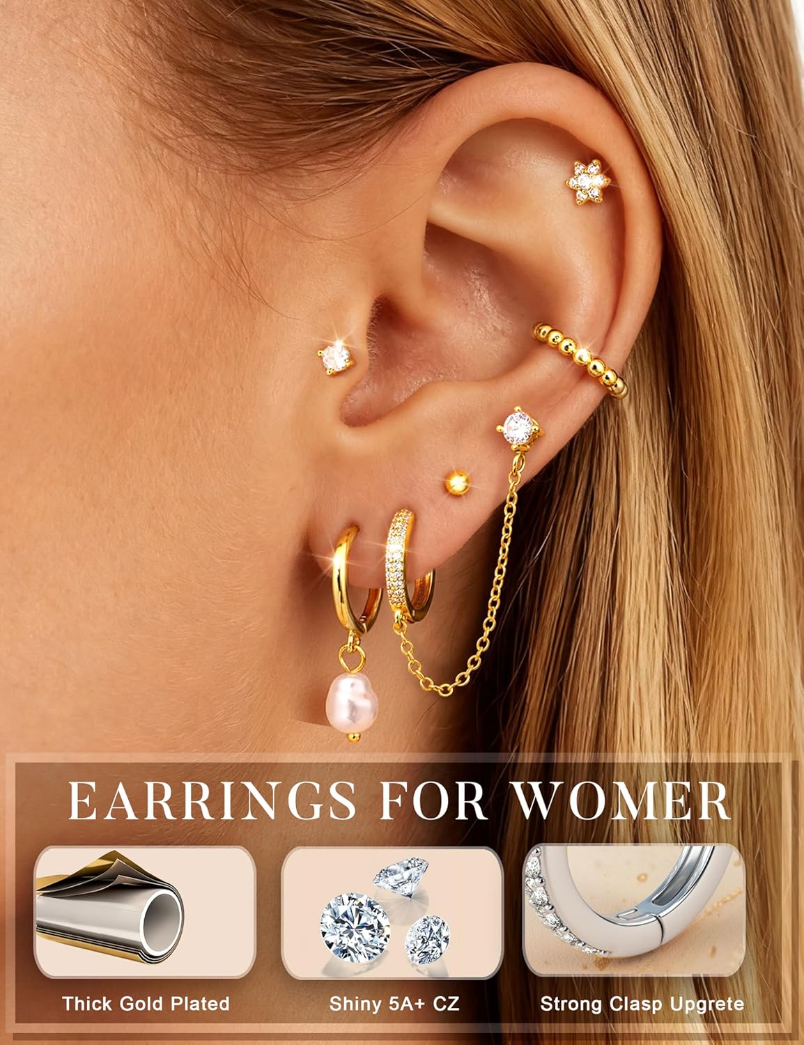 HAIAISO Small 14K Gold Plated Huggie Hoop Earrings for Women Lightweight Double Piercing Chain Earrings Dainty Stud Earrings Hypoallergenic 14K Gold Plated Hoop Earrings Set - Image 3