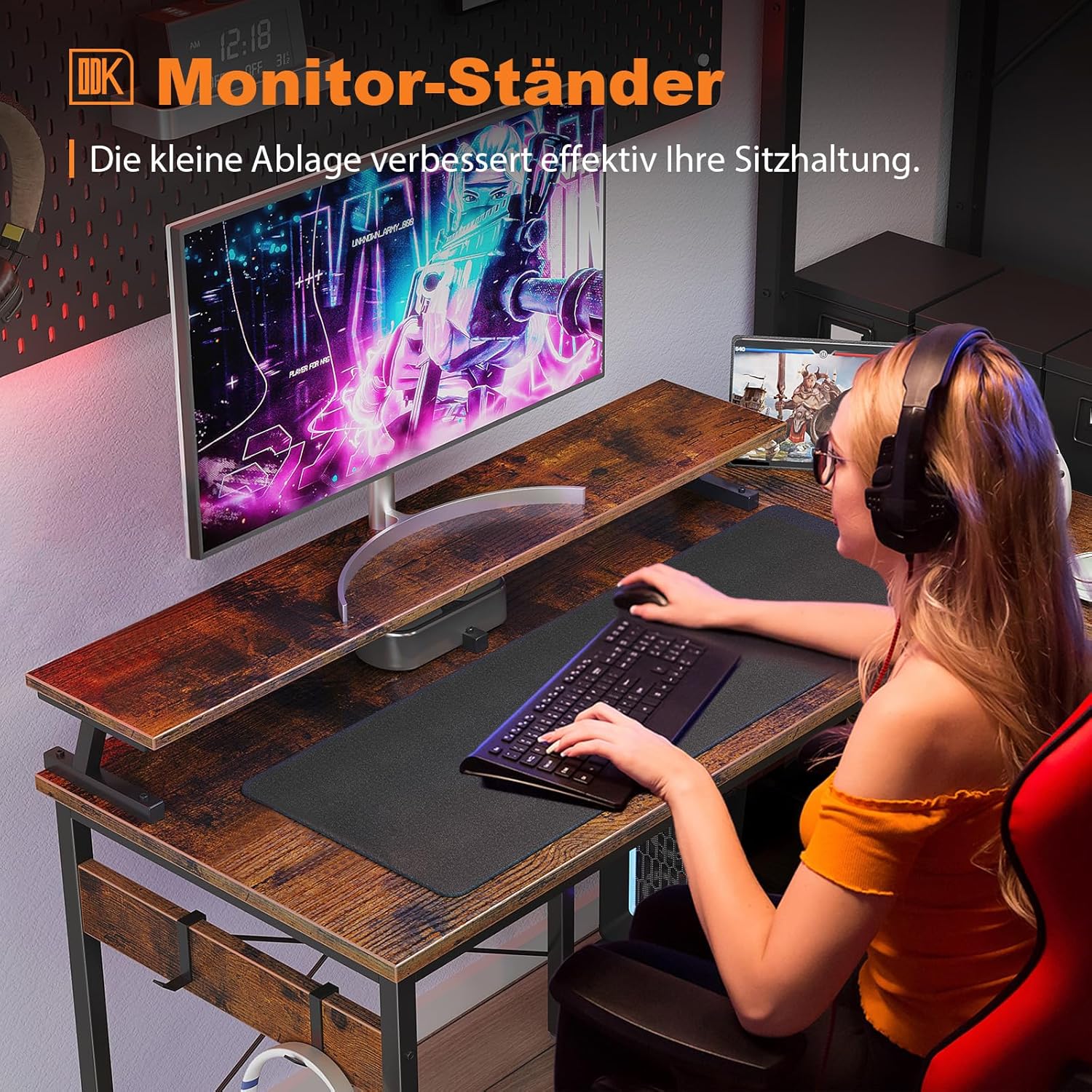 Comparison showing the ODK L-Shaped Desk with and without the dedicated PC tower shelf, highlighting space optimization.