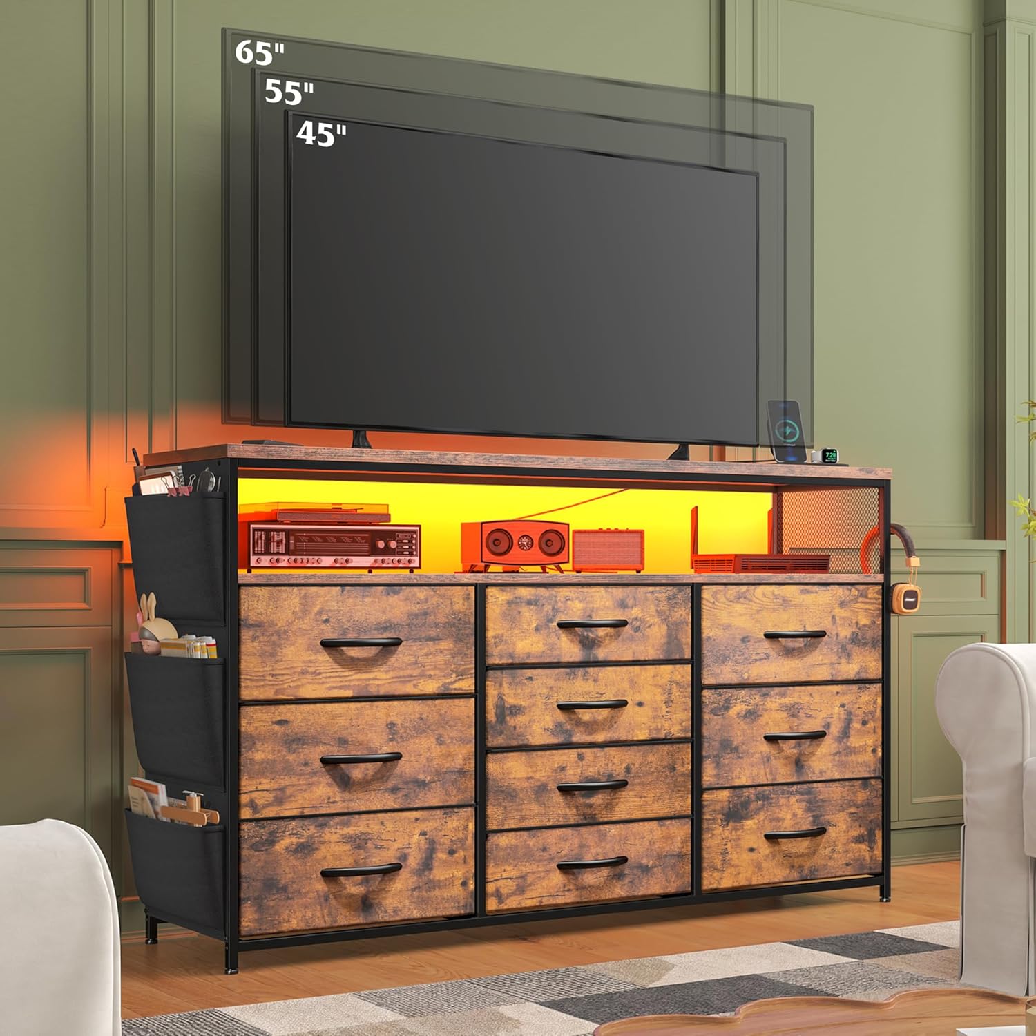 EnHomee Dresser for Bedroom with 10 Drawers, 55" TV Stands with LED Lights & Power Outlets, Dressers with Shelves & Side Pockets, Hooks for Hallway,Rustic Brown