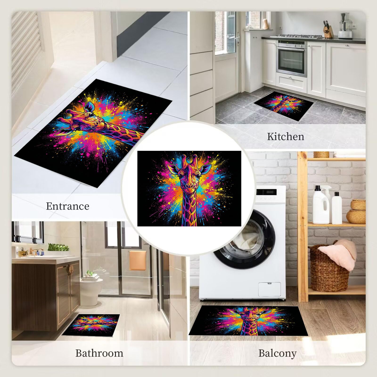 90X150Cm Zerbino Ingresso Interno Antiscivolo Assorbente, Tappeto Microfibra Sottile Lavabile Con Giraffa Con Schizzi D'Inchiostro Pop Art Animali Fantastici Per Cucina Bagno Porta Animali, Nero