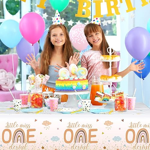 Miniatura 6 de Tiamon 3 manteles bohemios para el primer cumpleaños de 108 x 54 pulgadas, mantel de plástico arcoíris de 108 x 54 pulgadas, mantel de Little Miss