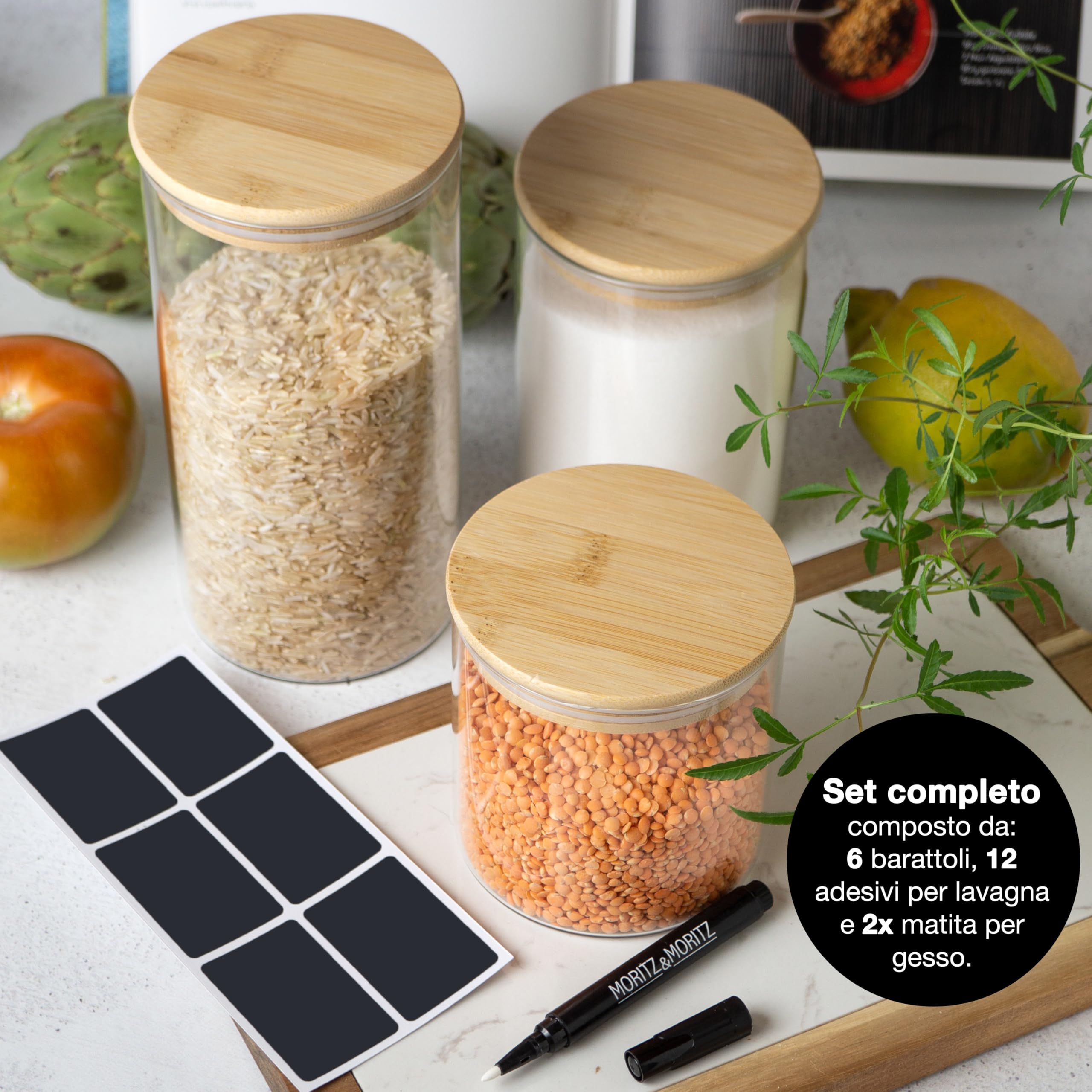 Moritz & Moritz 6 Barattoli Vetro con Coperchio 2 x 1500 ml, 2 x 750 ml, 2 x 500 ml - Barattoli Cucina con Adesivo da Tavola e Matita a Gesso