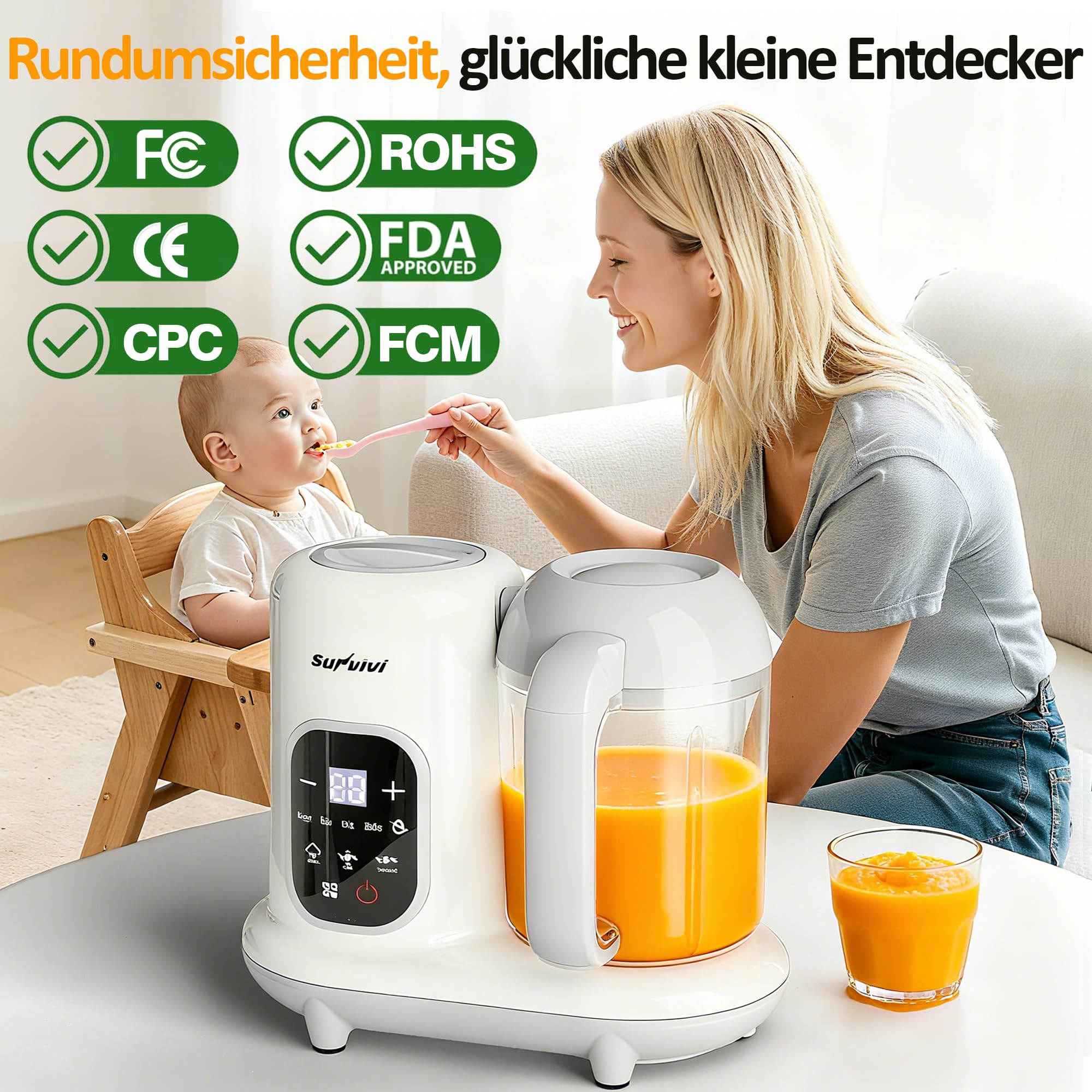 Sunvivi Babynahrungszubereiter 8-in-1 mit Dampfgarer und Mixer, 350g Große Kapazität Baby Food Maker, Multifunktionaler Babybrei Zubereiter mit LCD-Display, Sterilisator, Wärmer und Auftaufunktion