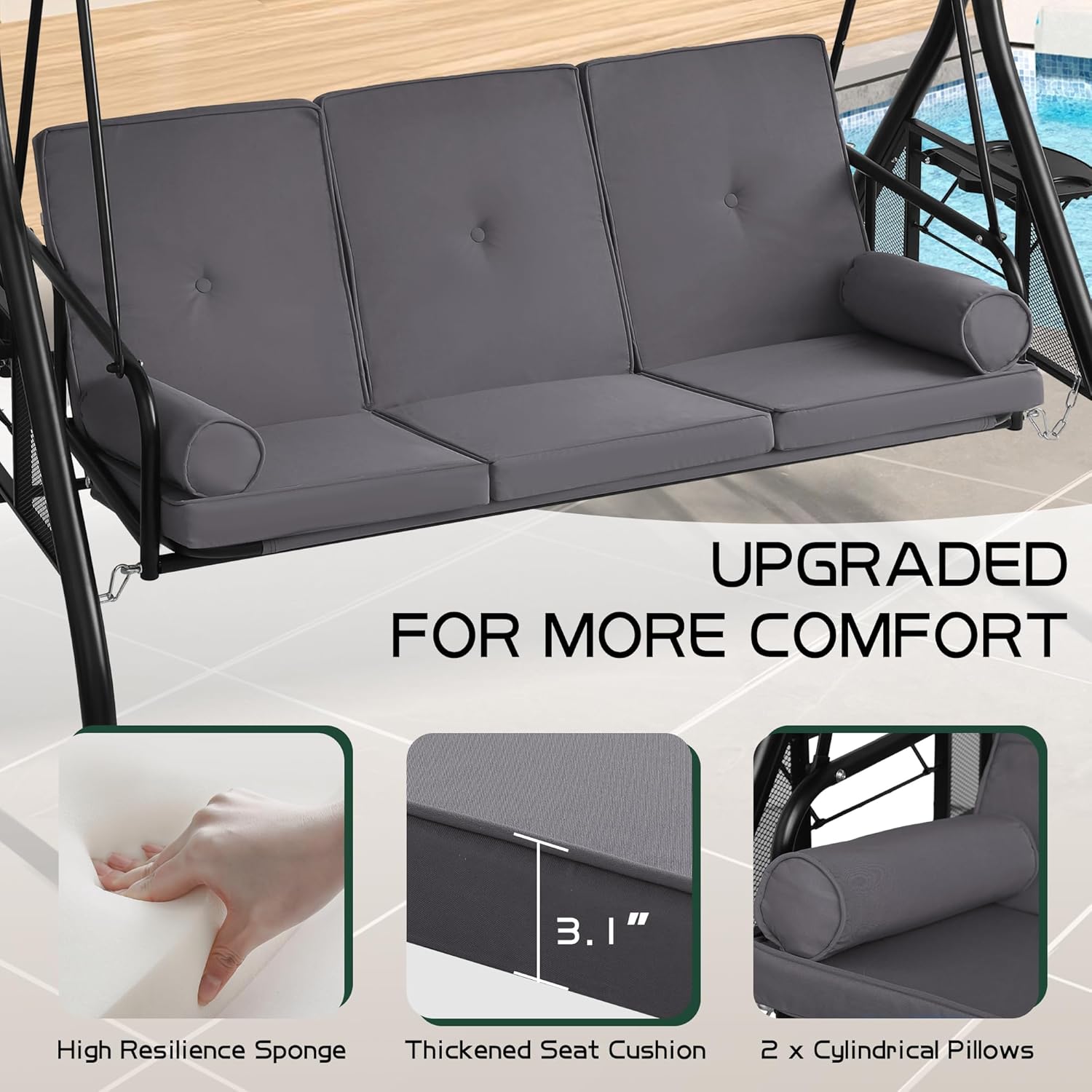 3 Seat Outdoor Patio Swing with Stand, 3-in-1 Porch Swing with Adjustable Canopy & Deep Cup Holders, Patio Glider Adult Swings with Thickened Cushions, Patio Swing Bed for Yard Garden (Gray)