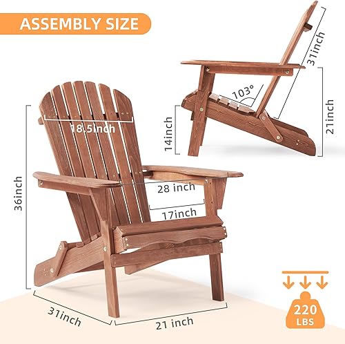 Miniatura 3 de Juego de 2 sillas Adirondack plegables de madera, respaldo premontado, silla de madera para patio al aire libre, jardín, césped, patio, terraza,