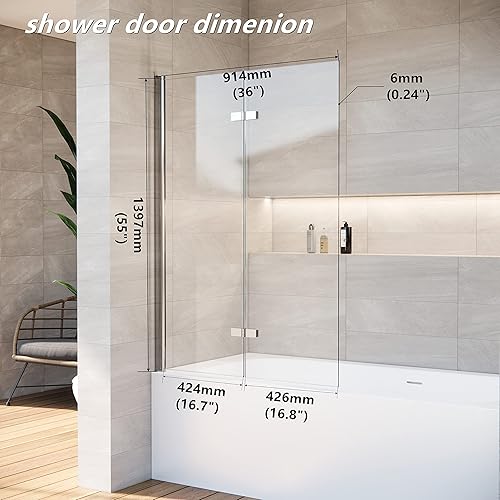 Miniatura 2 de Puerta de ducha de bañera de 36 x 55 pulgadas, puerta de baño con sello inferior, puerta de vidrio plegable y elevable, pantalla rectangular para
