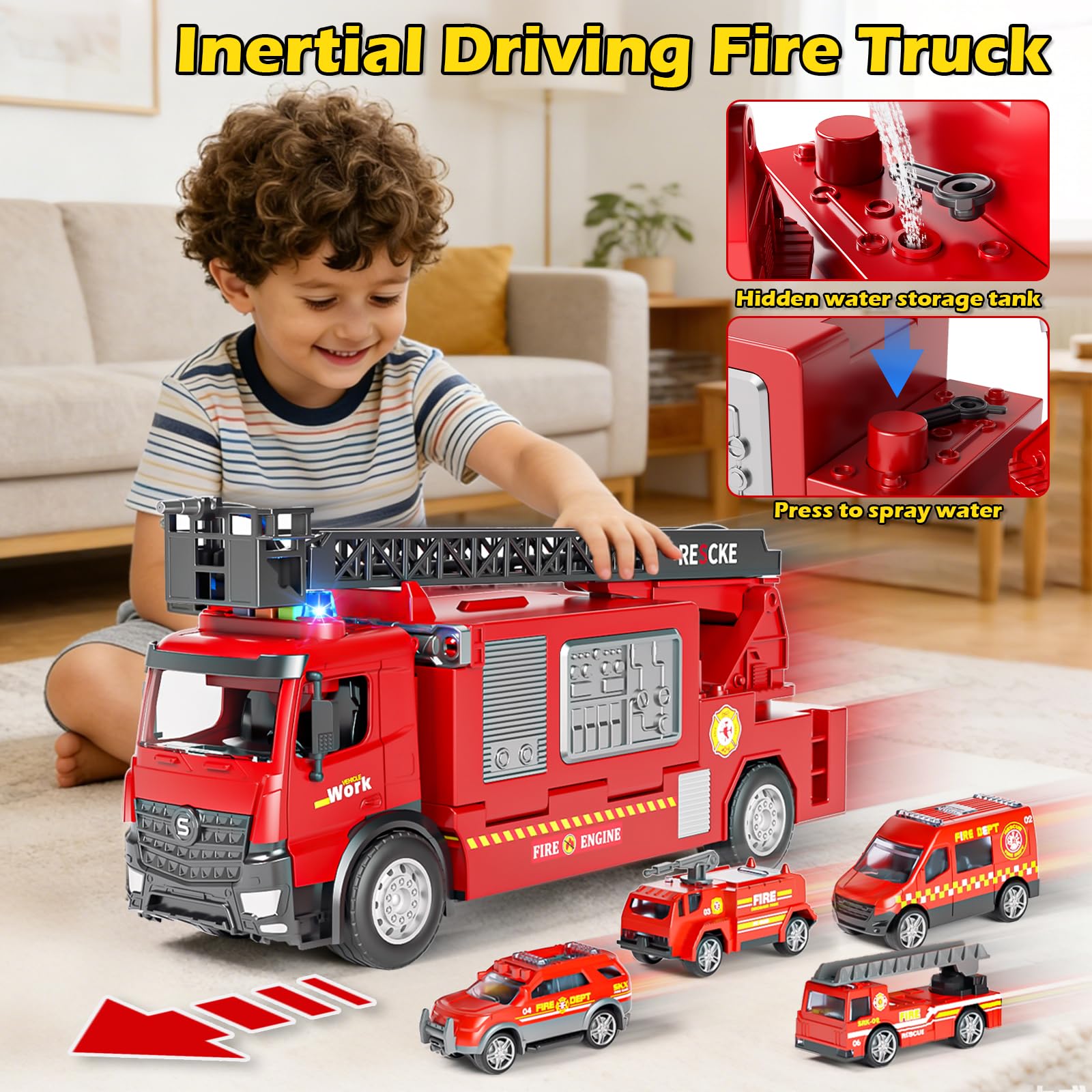 Doloowee Feuerwehrauto für Junge 3 4 5 Jahre, Verformbares Feuerwehrfahrzeug mit Feuerleiter, Sound und Licht, Sprudelfunktion, Autospielzeug Geschenk für Kinder ab 3 Jahren