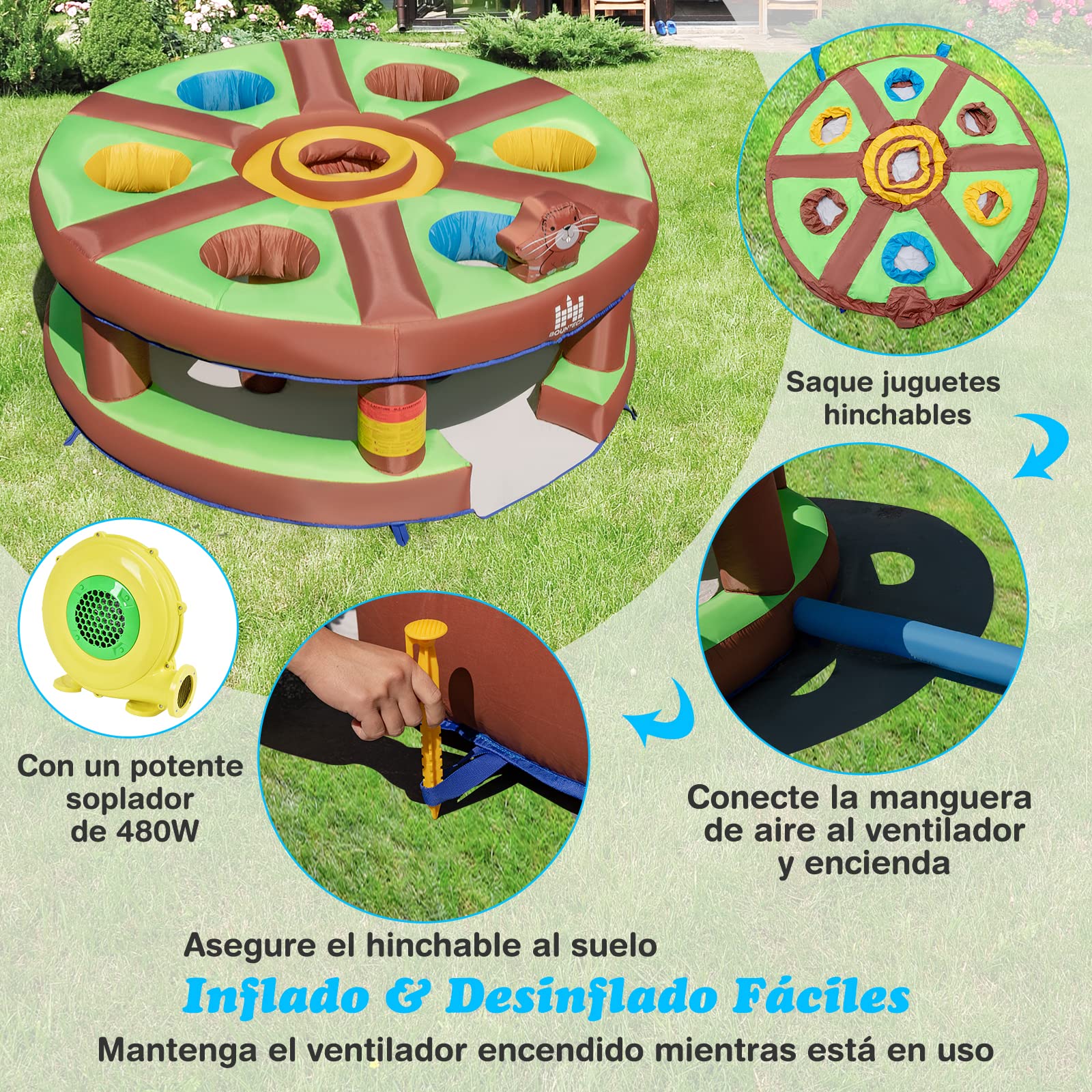 COSTWAY Juego Infantil Hinchable Golpeando un Topo, Juguete con Soplado de 480W, Bate Hinchable, Palos, Juego Interactivo para Patio, Parque, Fiesta, Regalo para Mayores de 3 Años
