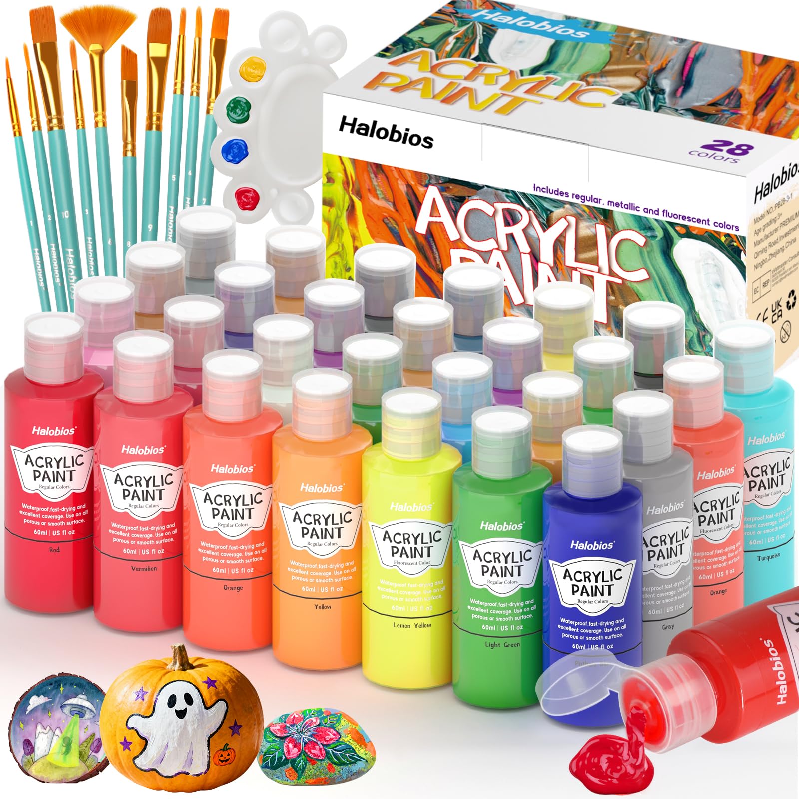 Acrylic Paint Set 28 Colors(2 fl oz/60 ml), Premium Acrylic Paints for Kids & Adults, With Fluorescent Colors & Metallic Colors for Painting, Drawing & Art Supplies, DIY Arts and Crafts