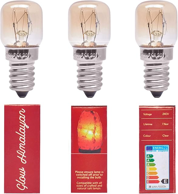 3 Pack 25W Bulb for Himalayan Salt Lamps, Dimmable E14 Socket. Original Replacement. One Year Warranty. Glow Himalayan.