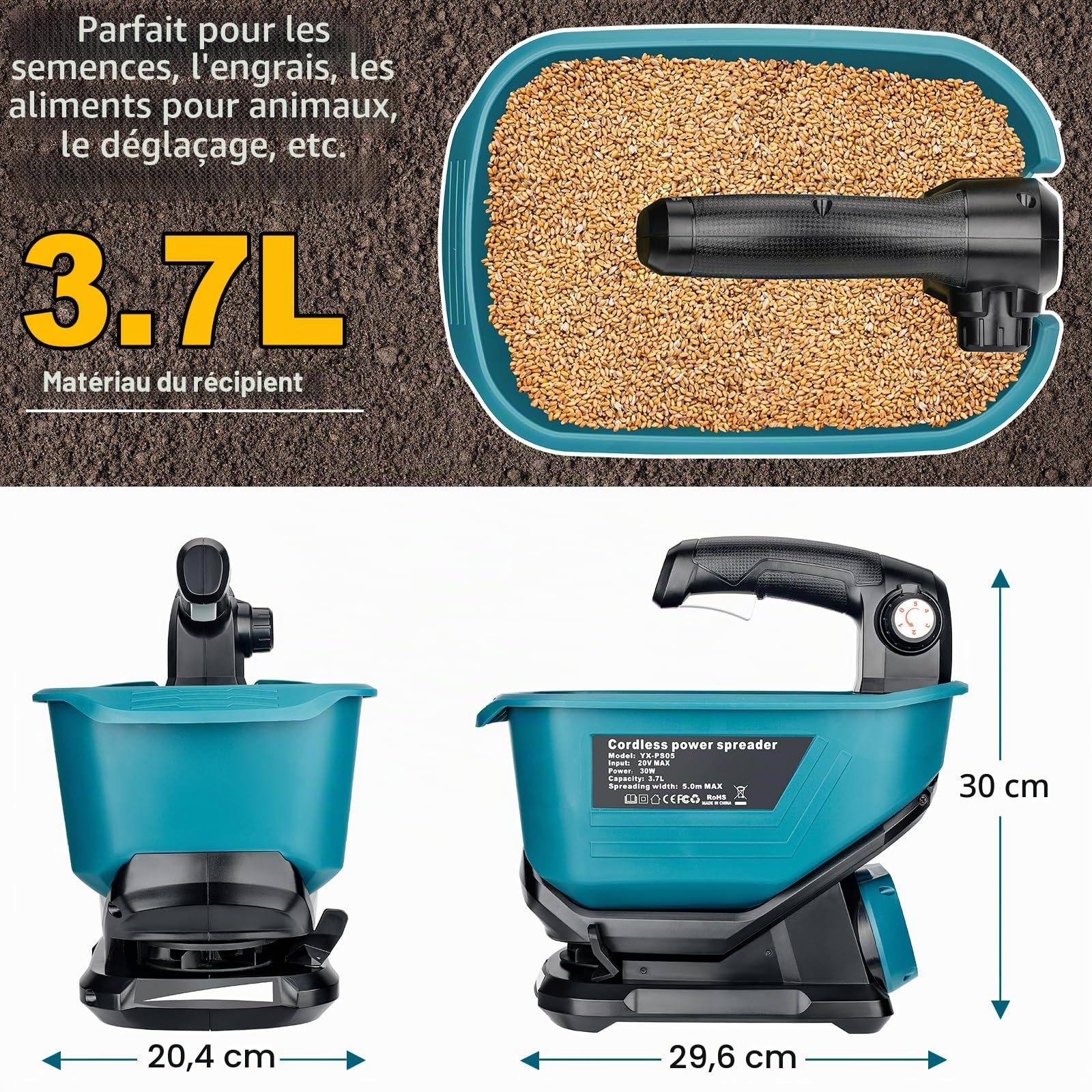 YEX-BUR Épandeur d'engrais portable pour batterie au lithium Makita 18 V, épandeur manuel avec réglage de la vitesse de rotation à 5 niveaux, 3,7 l, couvre jusqu'à 743 m² (sans batterie)