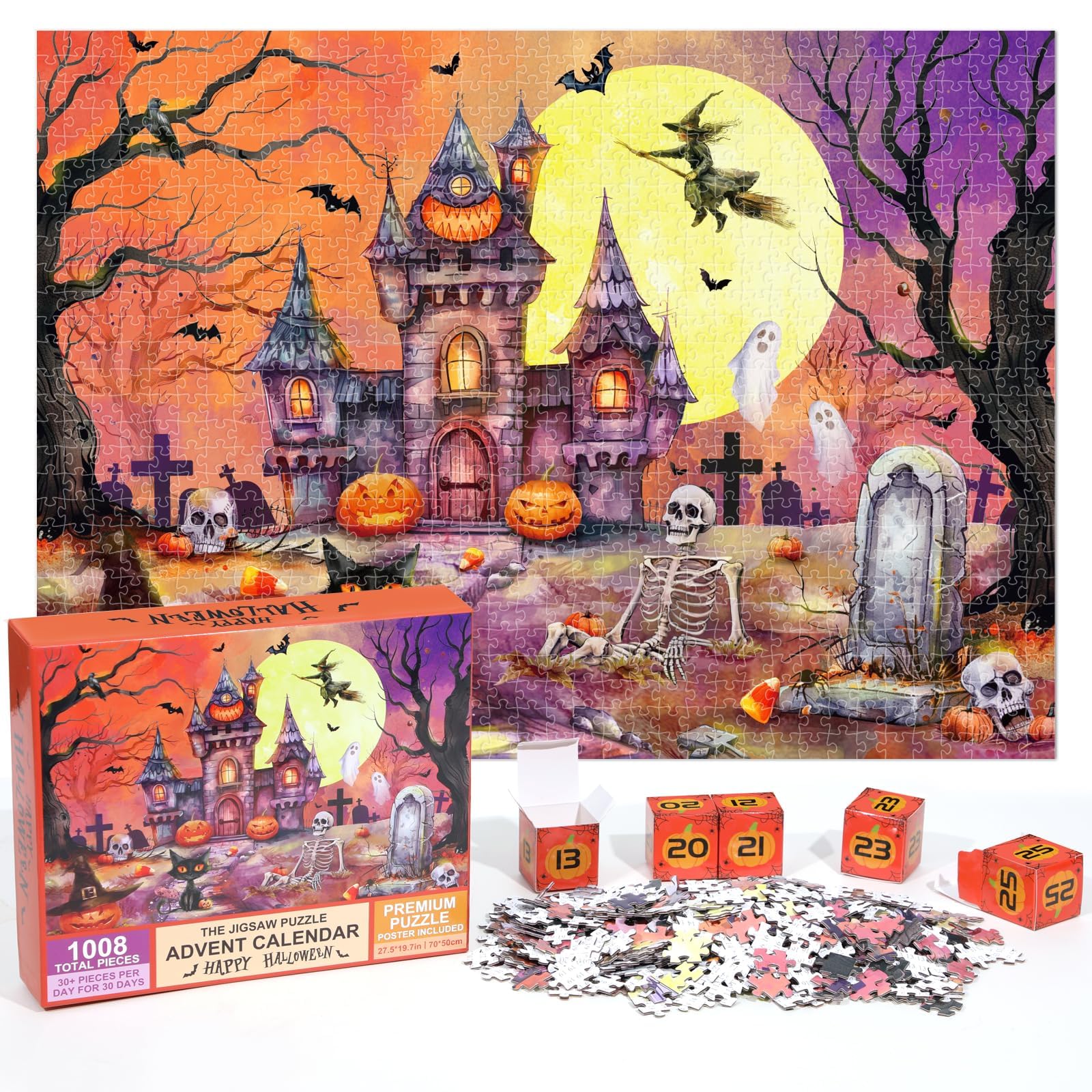 Halloween Advent Calendar 30 Days Jigsaw Puzzle 1008 Pieces Halloween Countdown Calendar Puzzles Horror Haunted House 19.6×27.6 Inch Family Game Trick or Treat