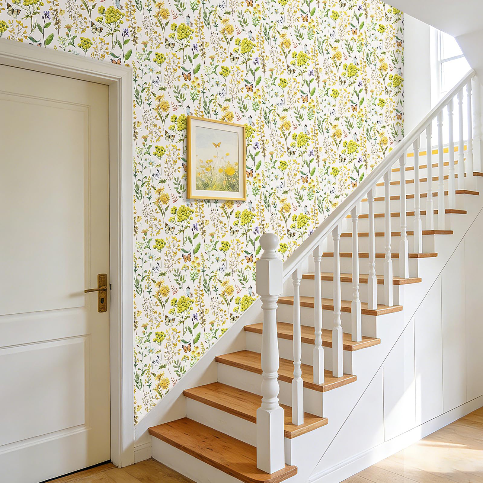 Decotalk Papier Peint Adhésif Mural Motif Papillon et Fleurs 44.5cmX900cm Vinyle Adhésif Jaune Adhesif Mural Decoratif Salon Chambre Vinyle Adhesif Fleurs Film Autocollant Meuble Armoire Mur