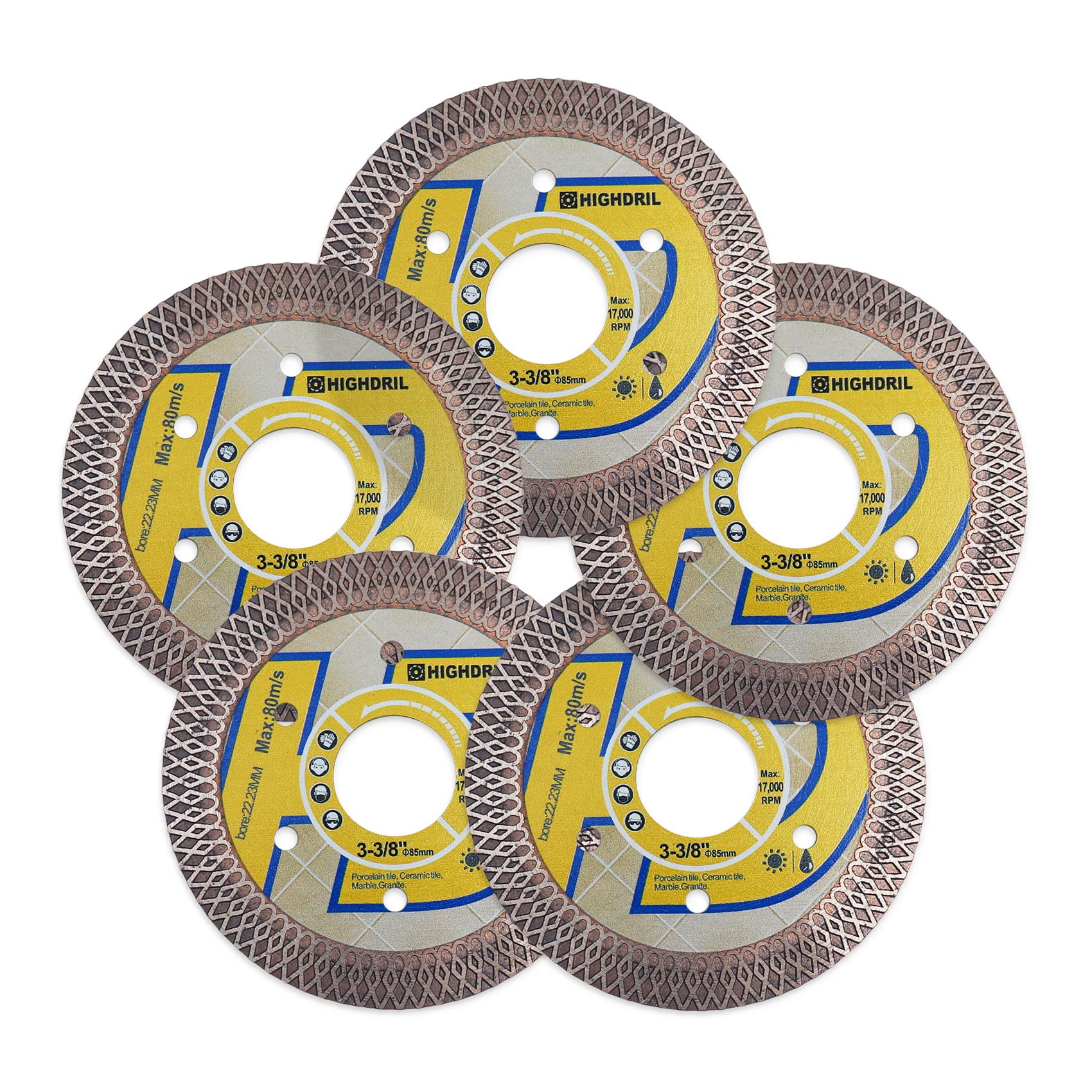 HIGHDRIL - Hoja de diamante superfina, 5 piezas 85mm con cenador 7/8-5/8 pulgadas, hoja de diamante seco húmedo con borde de malla X Angel Grinder disco de porcelana cerámica terracota granito mármol
