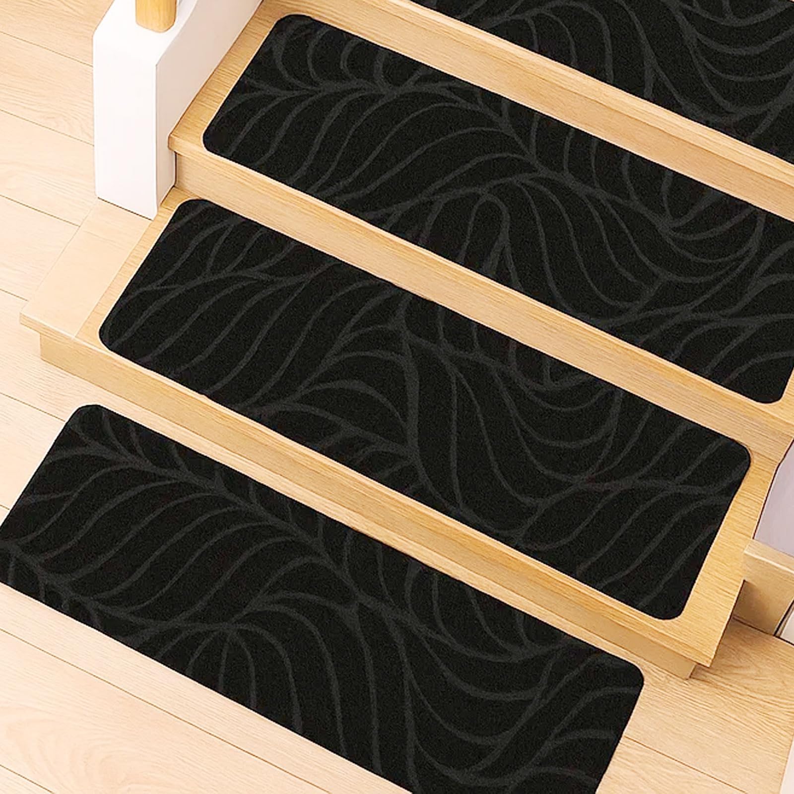 M.J COMFY-LIFE 15 PCS Stair Tread Pads Stair Mats Carpet Non-slip Step Protectors - 65x20cm Reusable Stair Runner Rugs Covers Stair Protection Mats for Home Indoor Pets Kids Elders (black, 15pcs)