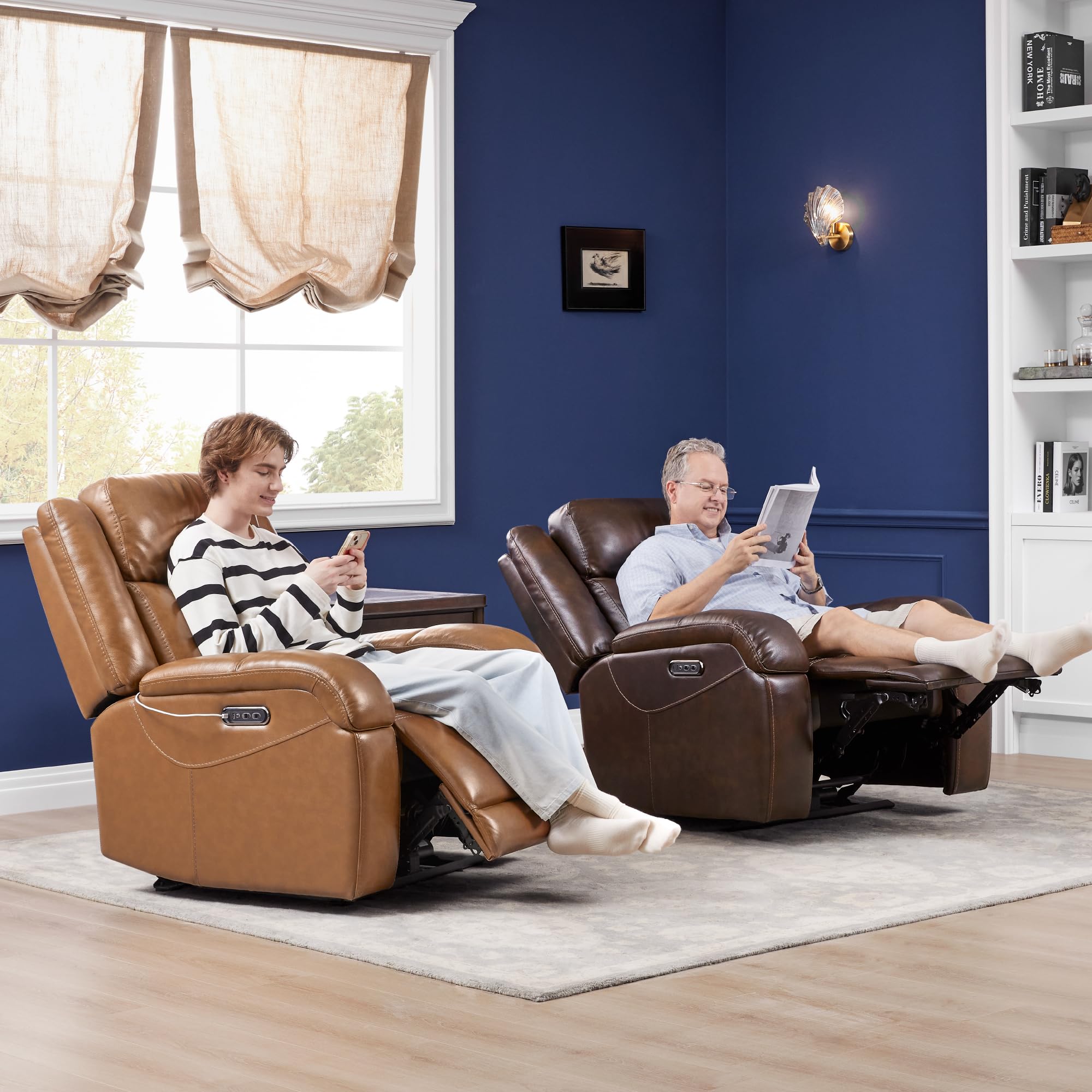 Watson & Whitely Sillas reclinables eléctricas de piel auténtica para adultos, reclinables de pared con reposacabezas eléctrico y puertos de carga, sofá reclinable eléctrico para sala de estar, sillín